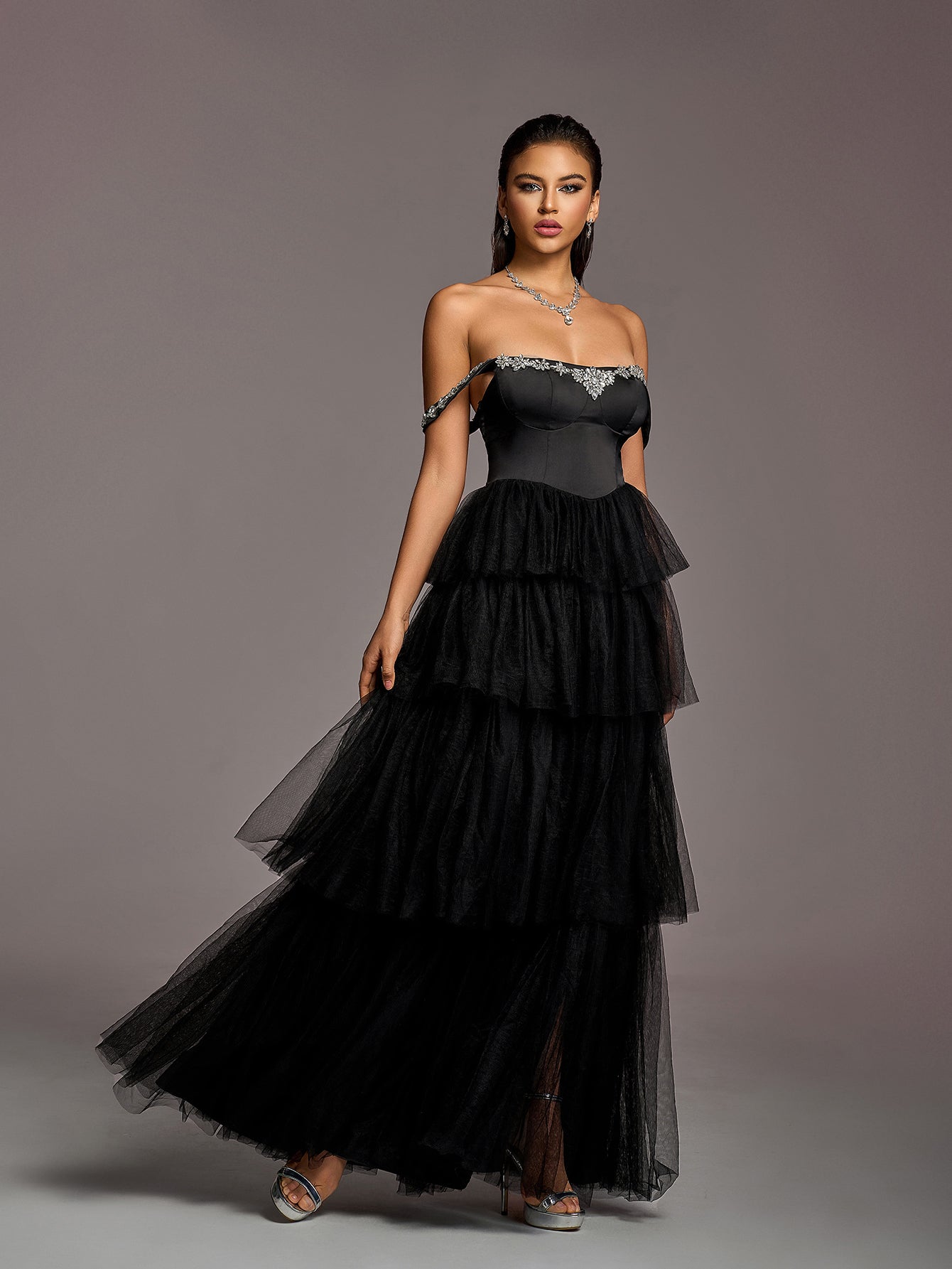 Elegant Rhinestone Decoration Off Shoulder Satin Bodice Tulle Layered Hem Prom Dress Wedding Dress