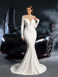 Elegant Pearl Embellished Mock Neck Long Sleeves Mermaid Hem Wedding Dress