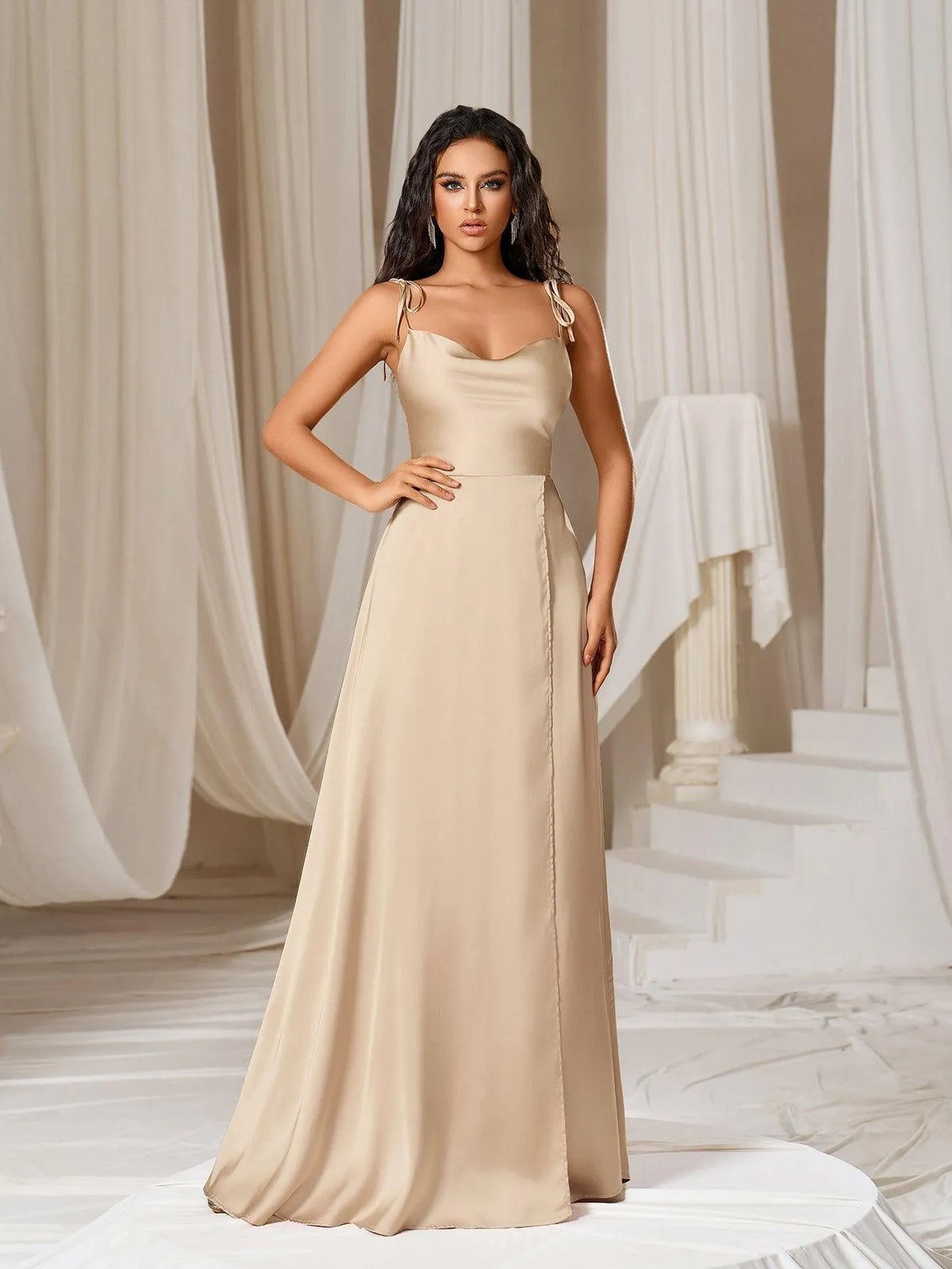 Elegant Tie Shoulder Satin Bridesmaid Dress - Elonnashop