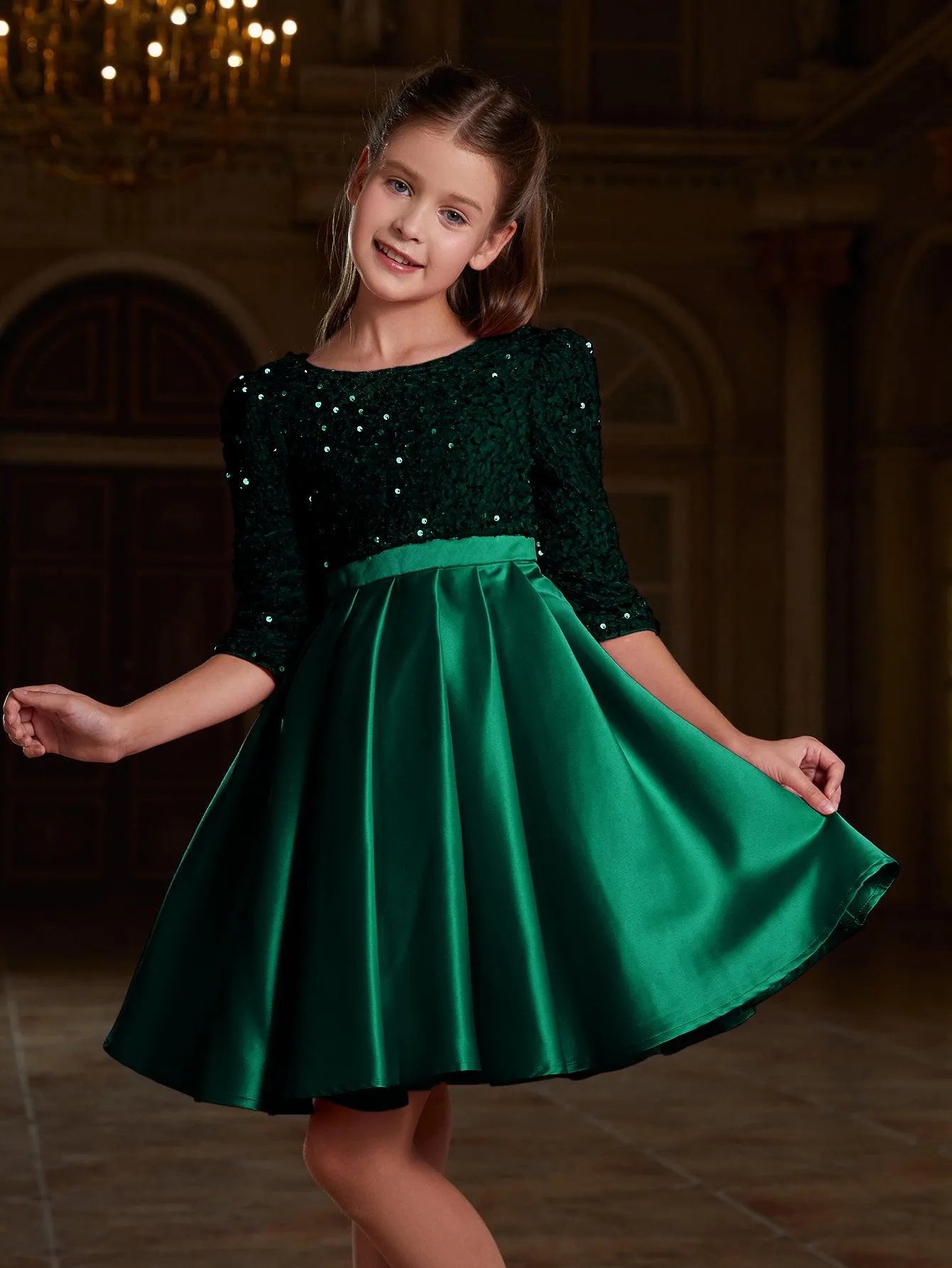 Tween Girls' Sequin Contrast Pleated Satin Hem Dress - Elonnashop