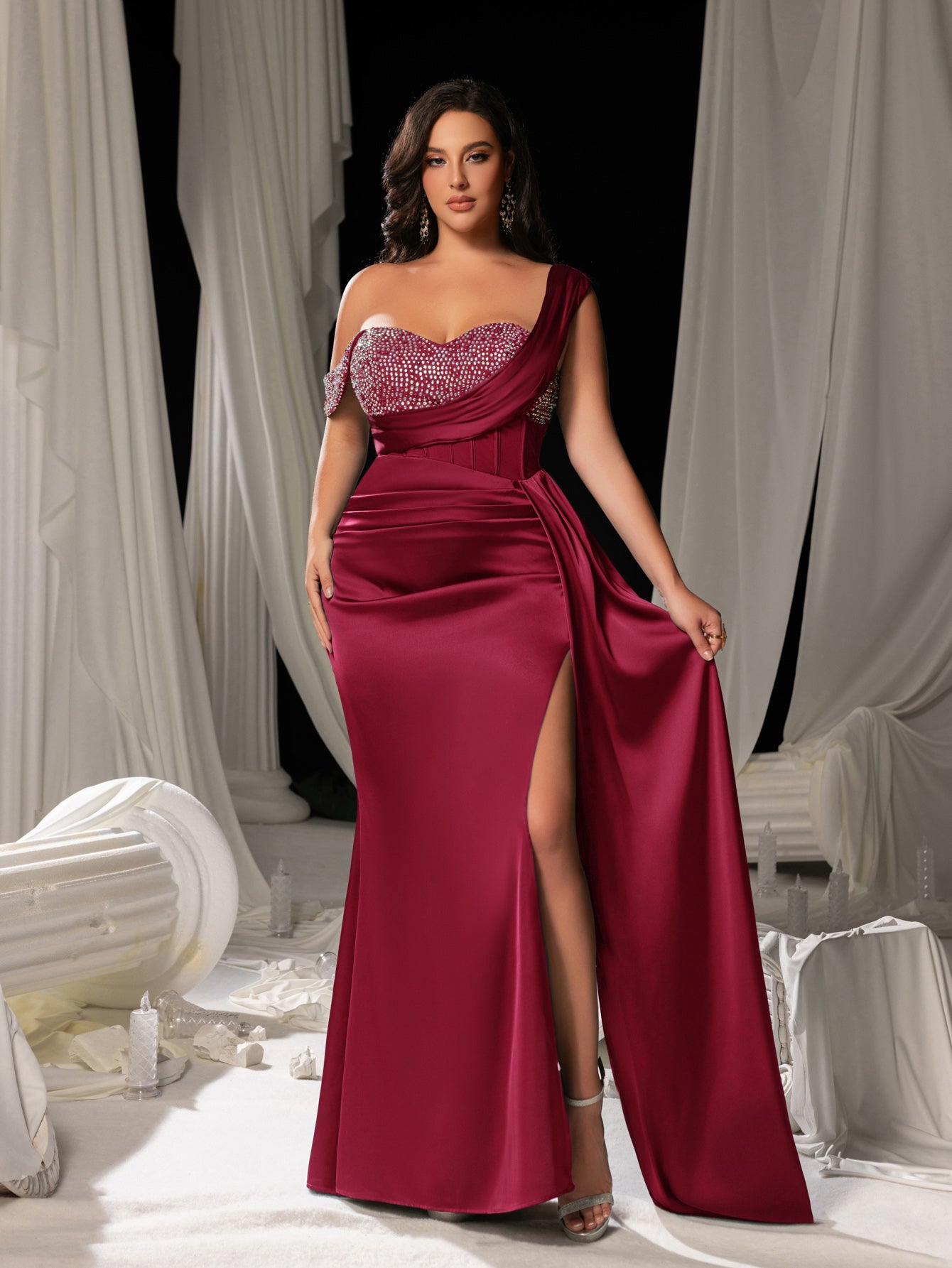 Plus Asymmetrical Neck Split Thigh Satin Mermaid Dress Evening Dress