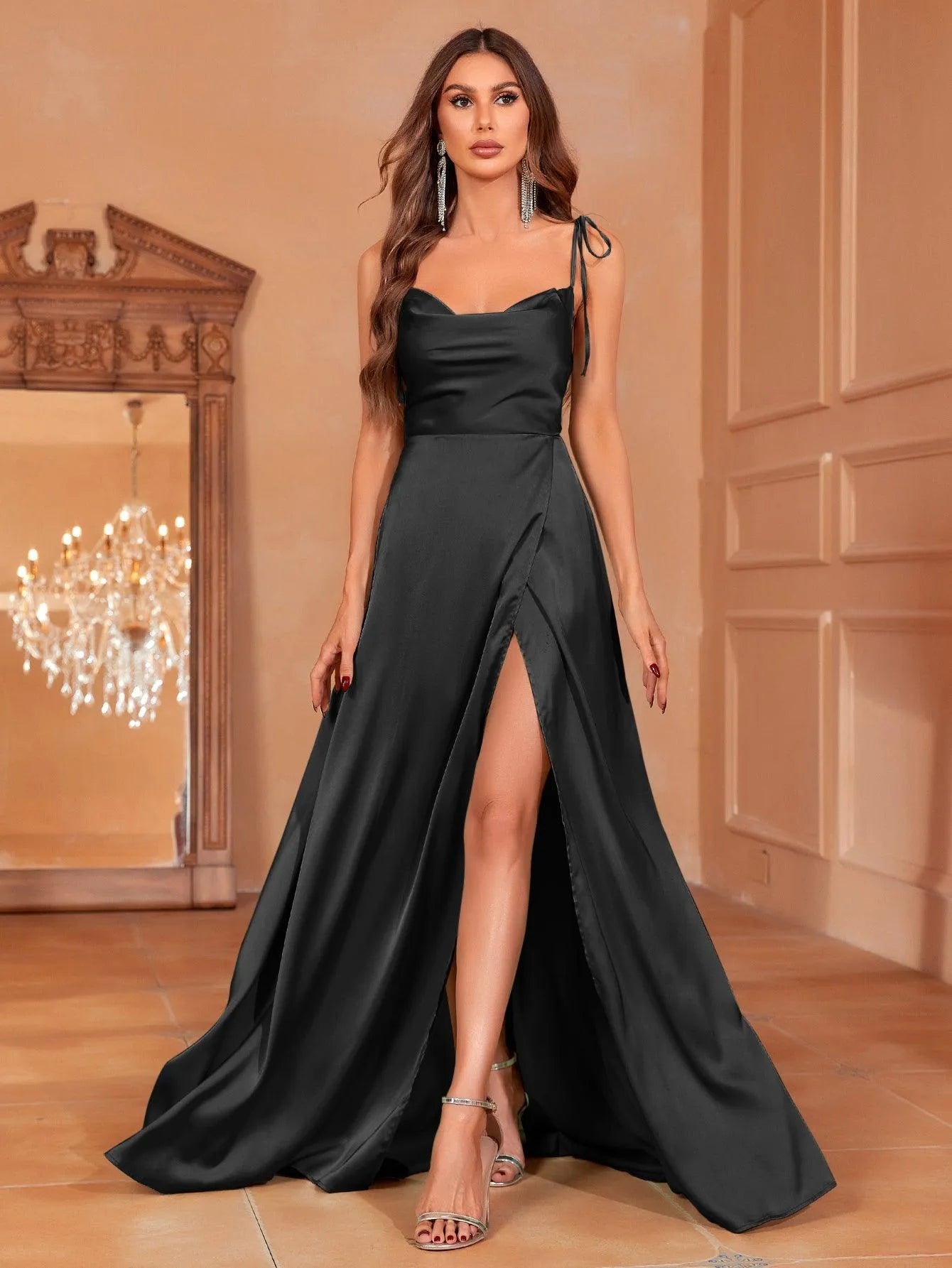 Elegant Tie Shoulder Satin Bridesmaid Dress Black / M Elegant Tie Shoulder Satin Bridesmaid Dress Black / M