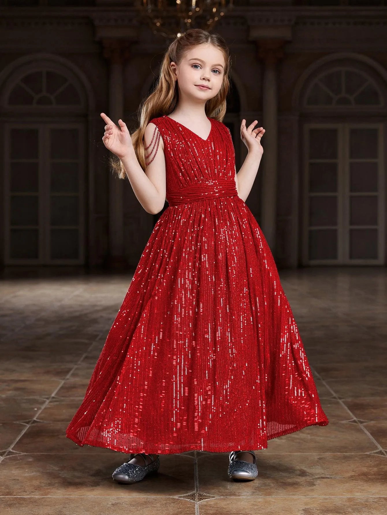 Tween Girls' V Neck Chain Detail Sequin Party Dress - Elonnashop