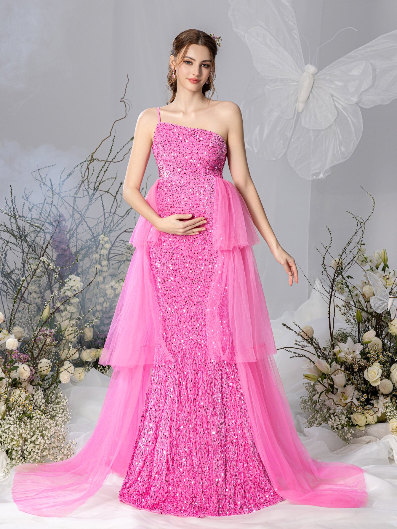 Maternity One Shoulder Layered Mesh Overlay Sequin Party Dress Elonnashop Maternity One Shoulder Layered Mesh Overlay Sequin Party Dress Elonnashop