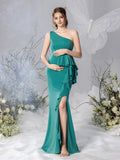 Maternity One Shoulder Ruffle Trim Slit Mermaid Dress