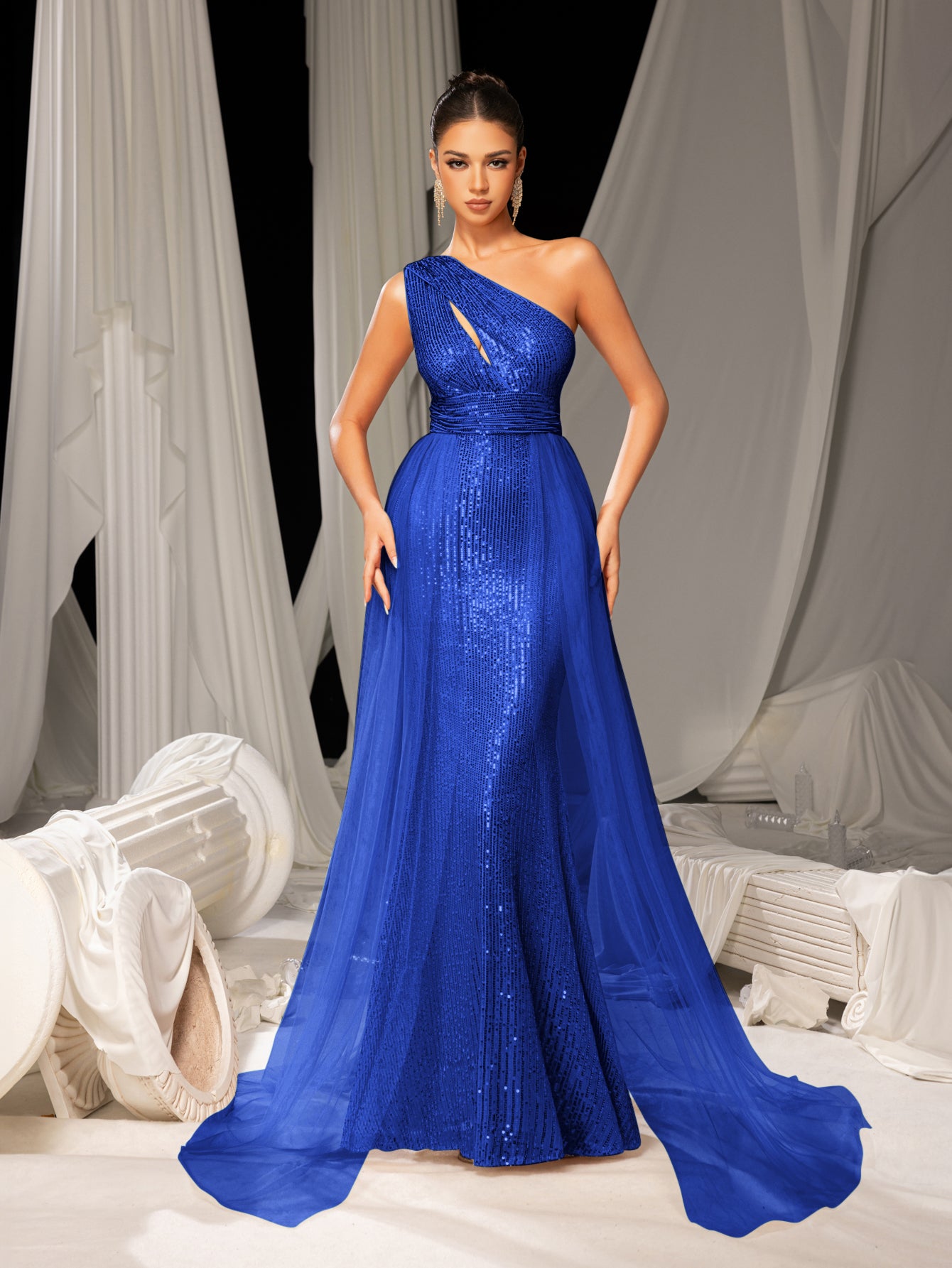 Elegant One Shoulder Sleeveless Mesh Overlay Sequin Formal Prom Dress Evening Dress