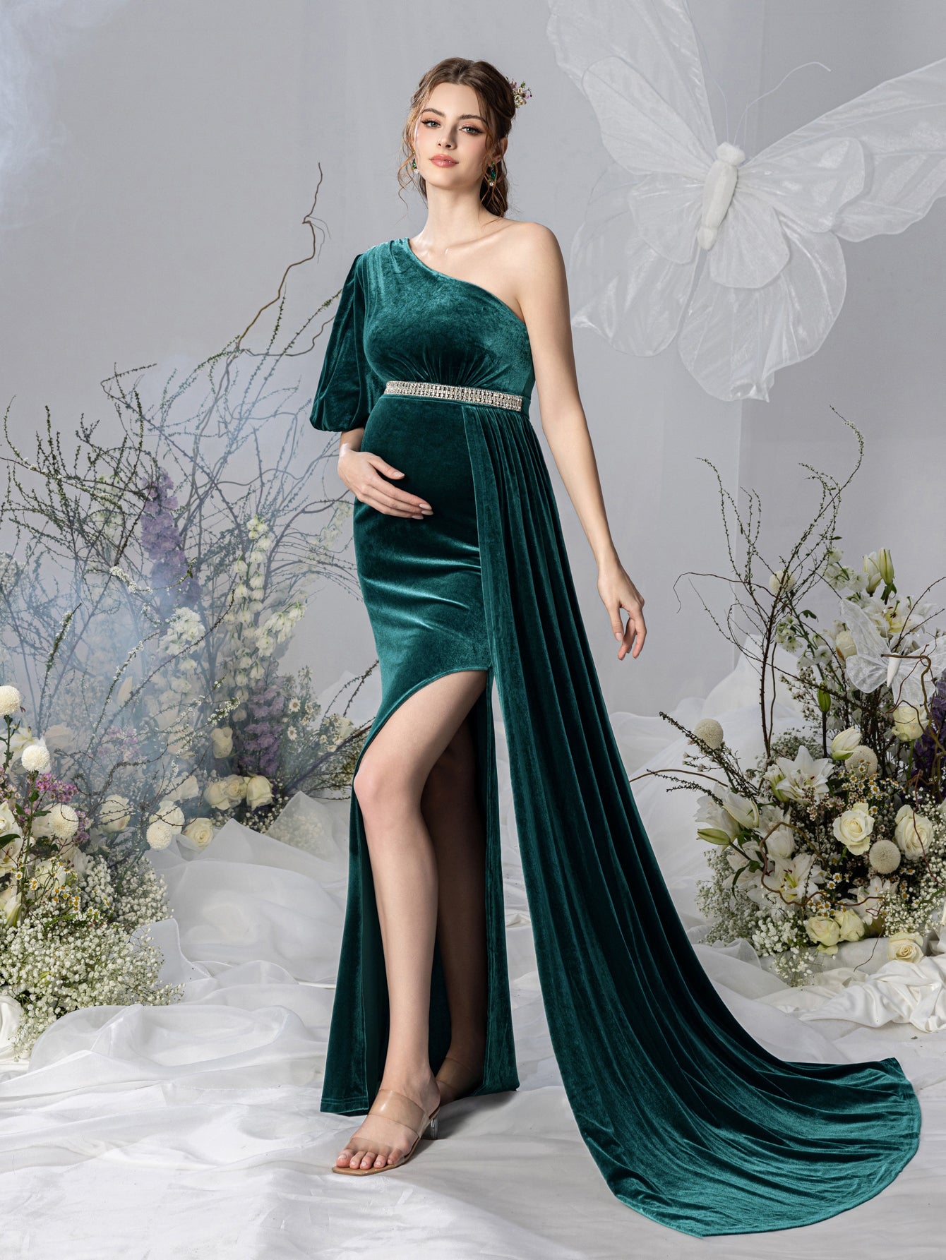 Maternity One Shoulder Split Mermaid Hem Velvet Evening Dress Elonnashop Maternity One Shoulder Split Mermaid Hem Velvet Evening Dress Elonnashop