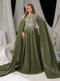 Plus Elegant Cape Sleeve Evening Gown with Beaded Floral Embroidered Bodice & Flowing Train