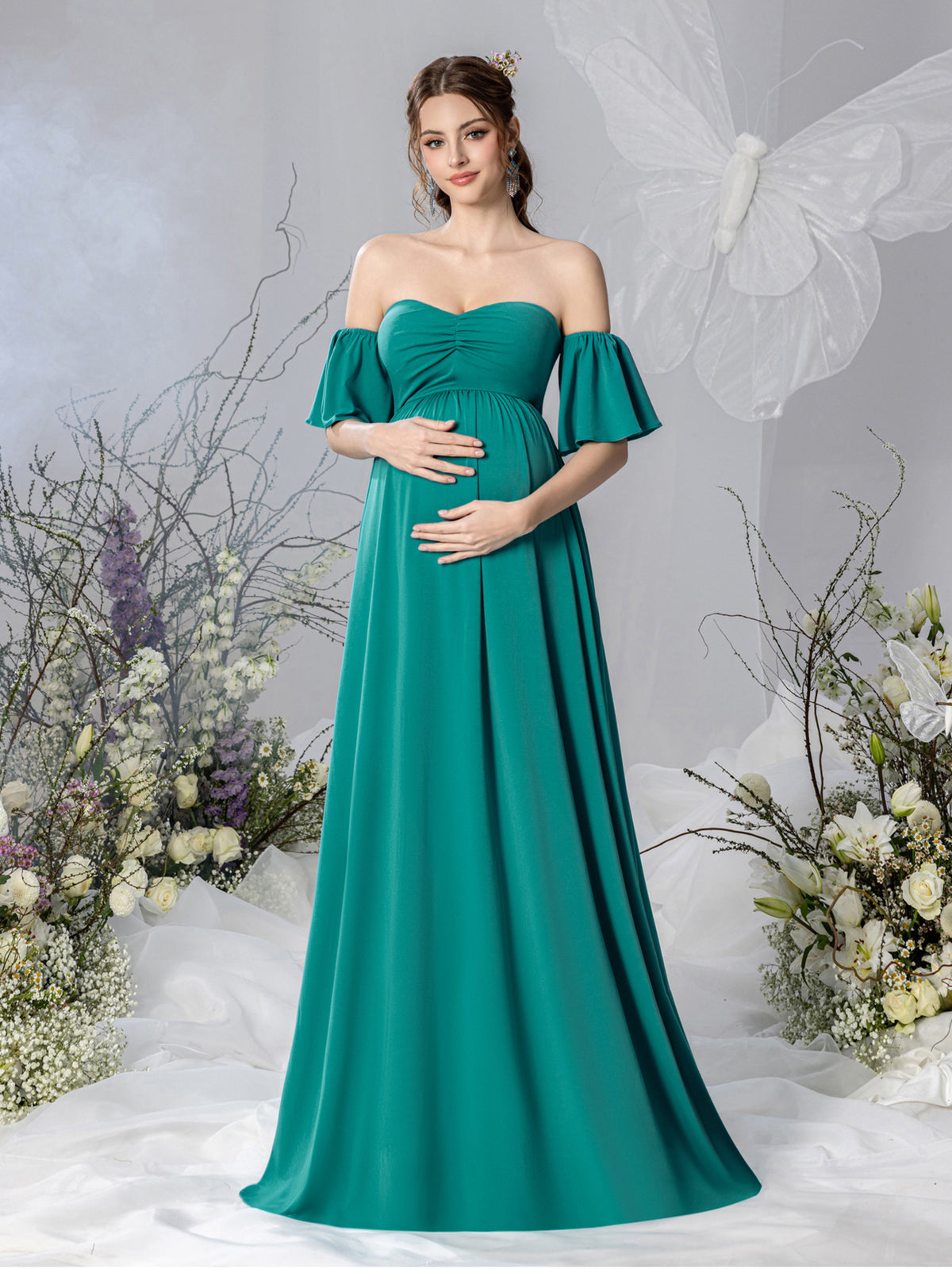 Maternity Off Shoulder Flared Sleeves Maxi Prom Dress