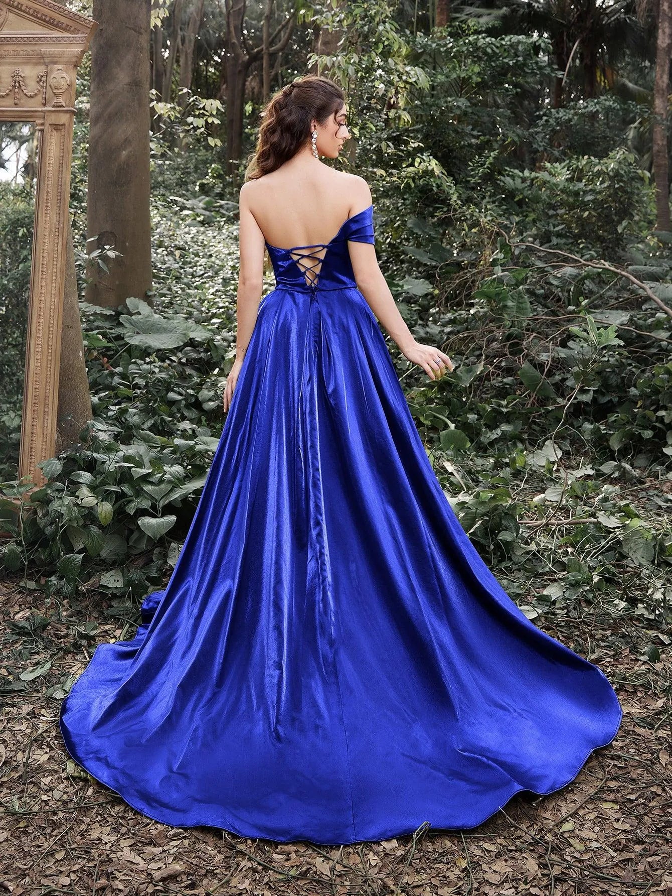 Gorgeous Ruched Bodice Lace Up Back Maxi Satin Ball Dress - Elonnashop