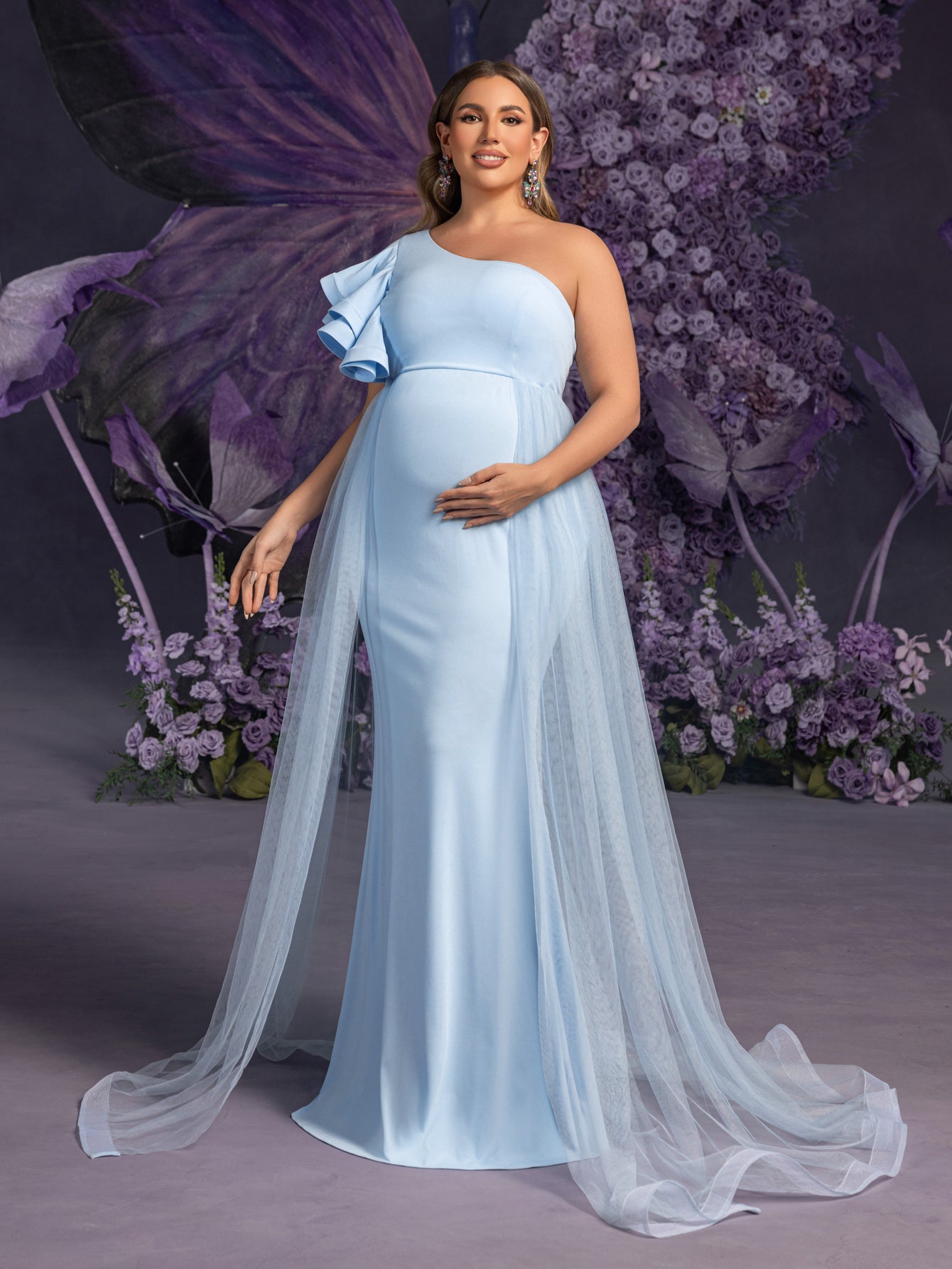 Maternity Plus Evening Gown with Asymmetrical Ruffle Neckline & Tulle Elonnashop Maternity Plus Evening Gown with Asymmetrical Ruffle Neckline & Tulle Elonnashop