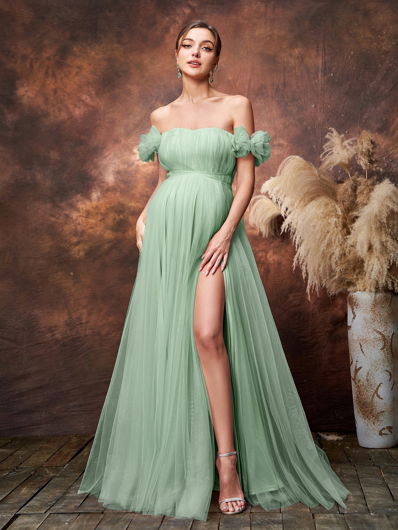 Maternity Off Shoulder Ruched Bust Split Tulle Evening Dress