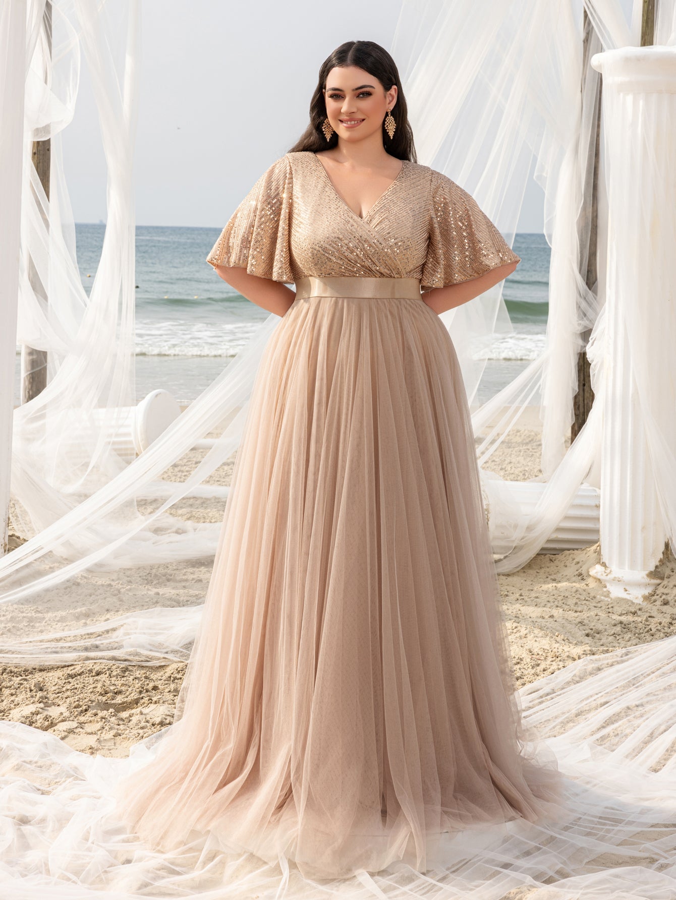 Plus Elegant Surplice Neck Butterfly Sleeves Sequin Evening Dress