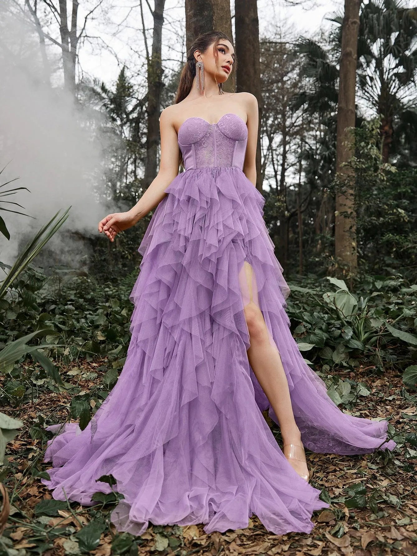 Elegant Lace Bodice Contrast Split Ruffle Layered Hem Prom Tube Dress Elegant Lace Bodice Contrast Split Ruffle Layered Hem Prom Tube Dress