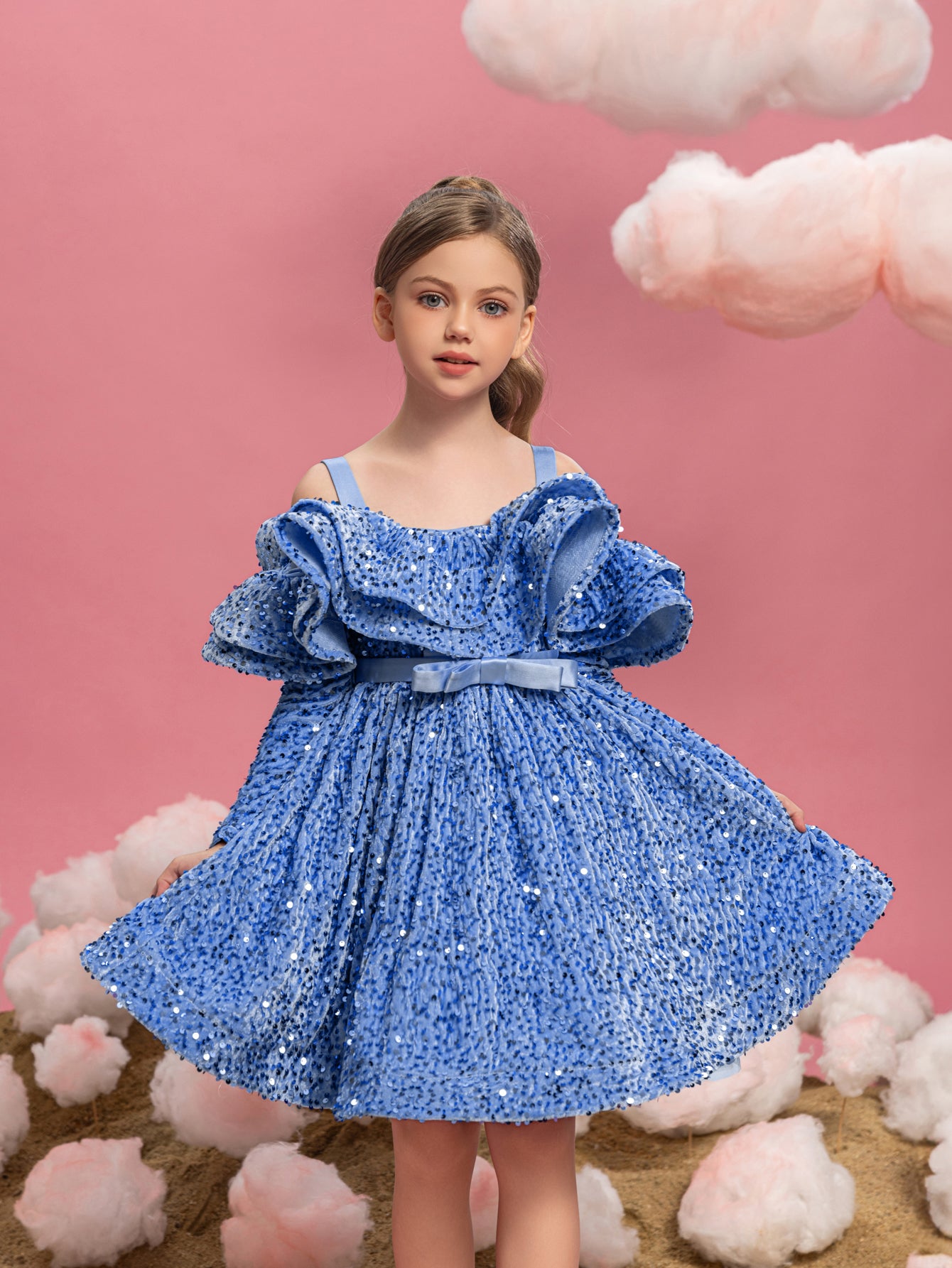 Tween Girls' Off Shoulder Layered Ruffle Trim Sequin Party Dress