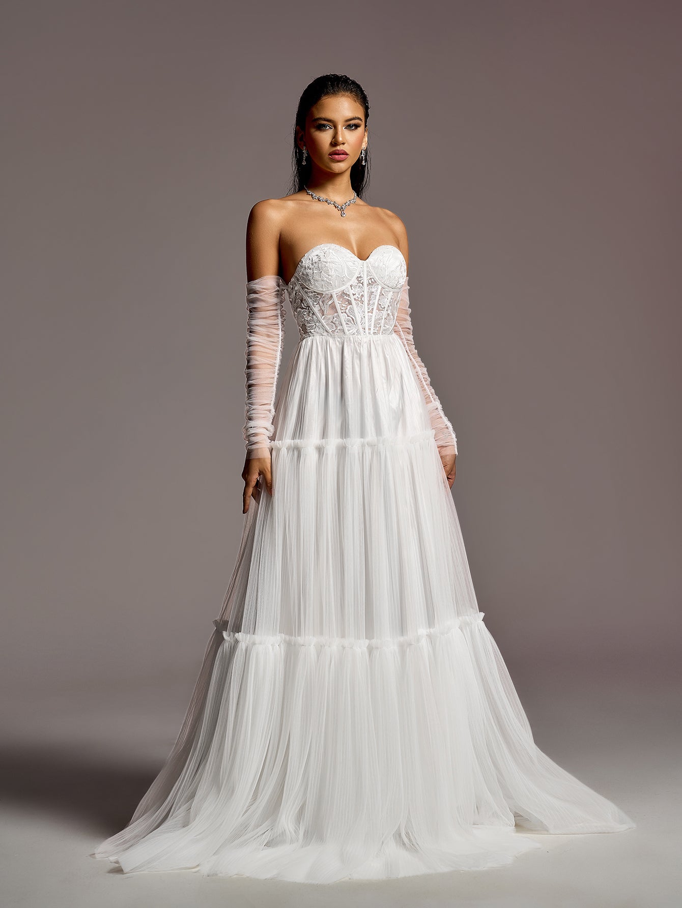 Elegant Lace Corset Bodice Sheer Sleeves A-line Tulle Wedding Dress