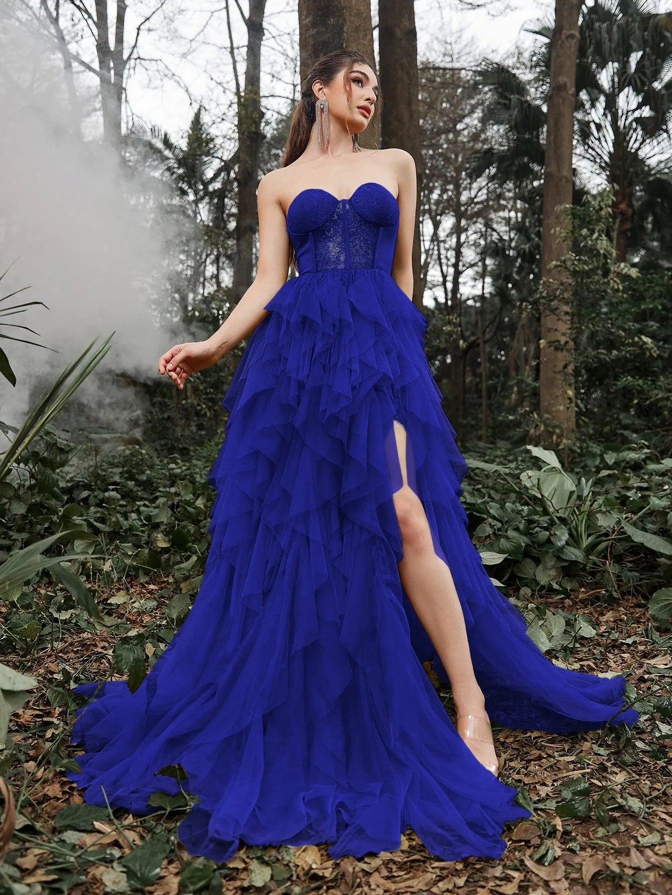 Elegant Lace Bodice Contrast Split Ruffle Layered Hem Prom Tube Dress Royal Blue / S Elegant Lace Bodice Contrast Split Ruffle Layered Hem Prom Tube Dress Royal Blue / S
