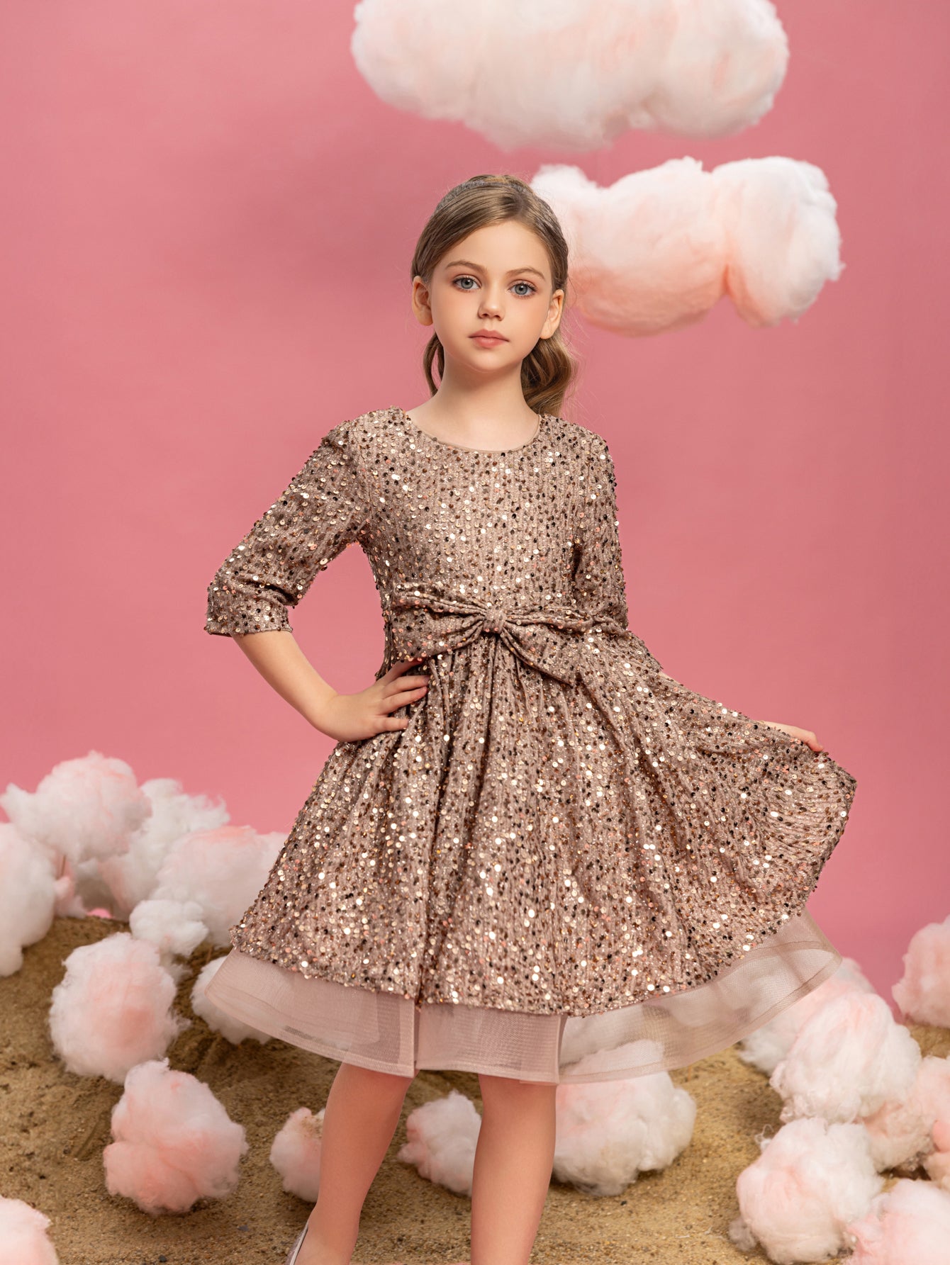 Tween Girls' Bow Detail 3/4 Sleeve Sequin Party Dress