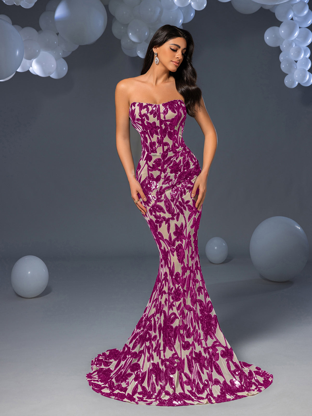 Elegant Strapless Mermaid Hem Floral Sequin Evening Dress