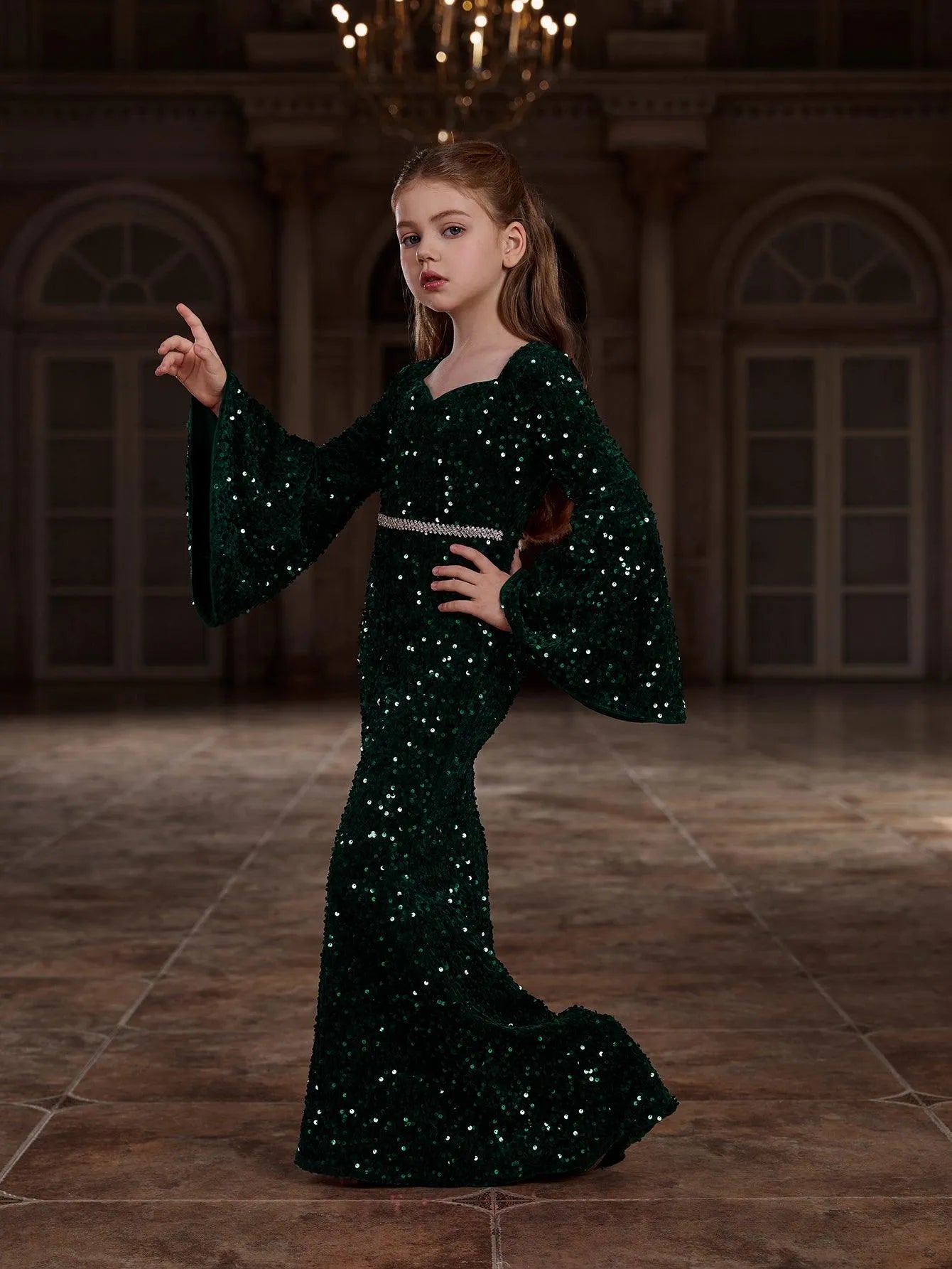 bell sleeve sequin dress Tween Girls' Sweetheart Collar Bell Sleeves Sequin Mermaid Dress – Elonnashop