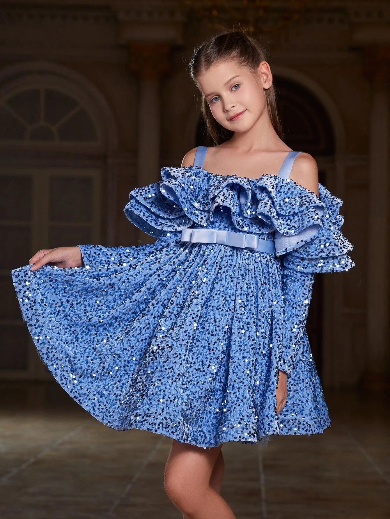 Tween Girls' Off Shoulder Layered Ruffle Trim Sequin Party Dress - Elonnashop