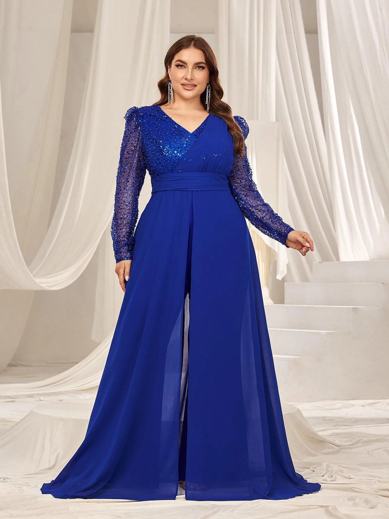 Plus Gigot Sleeves Chiffon Overlay Sequin Prom Jumpsuit - Elonnashop