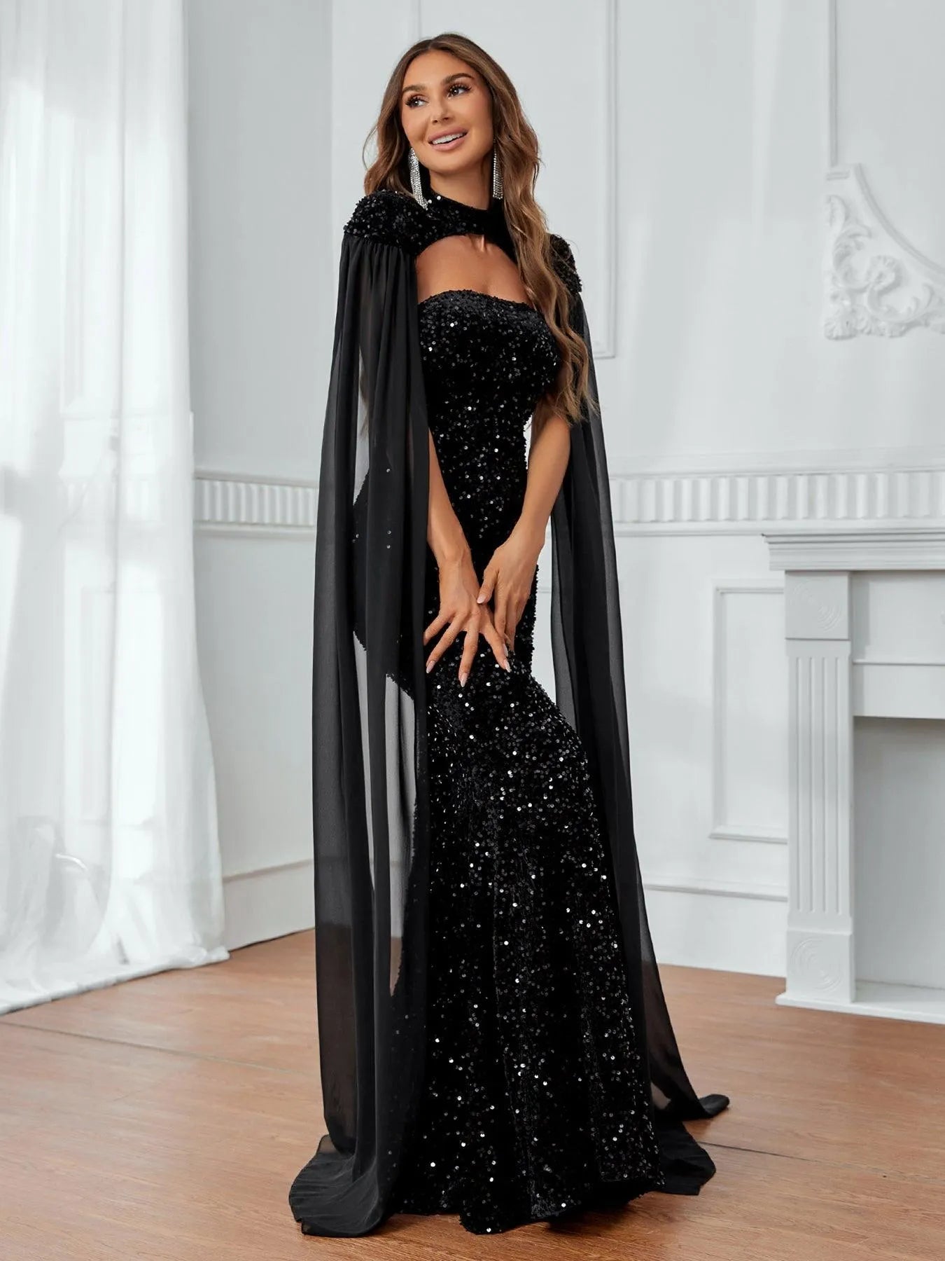 black sequin tube dress Black Chiffon Cloak Sleeves Sequin Tube Dress – Elonnashop