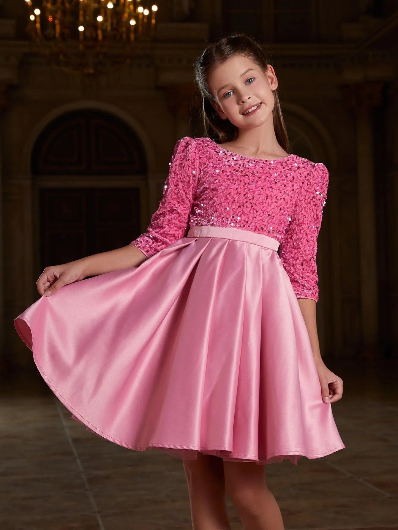 Tween Girls' Sequin Contrast Pleated Satin Hem Dress - Elonnashop