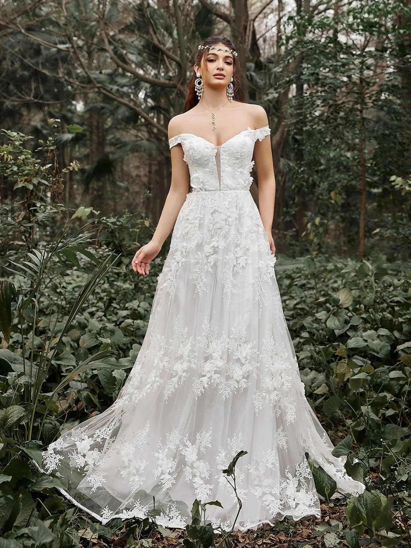 Gorgeous Off Shoulder Floral Applique Detail Wedding Dress Elonnashop Gorgeous Off Shoulder Floral Applique Detail Wedding Dress Elonnashop