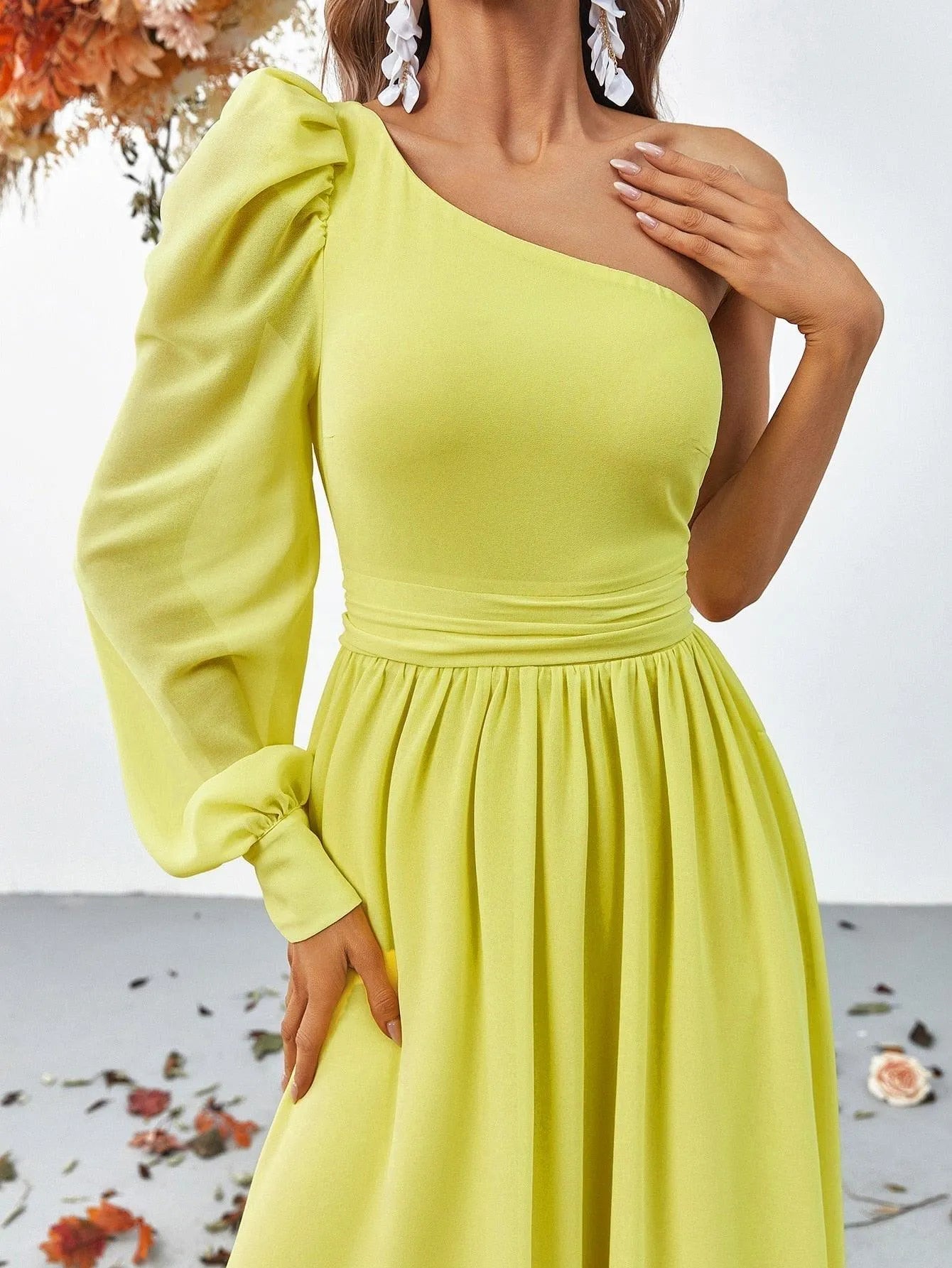 One Shoulder Lantern Sleeve Chiffon Dress - Elonnashop