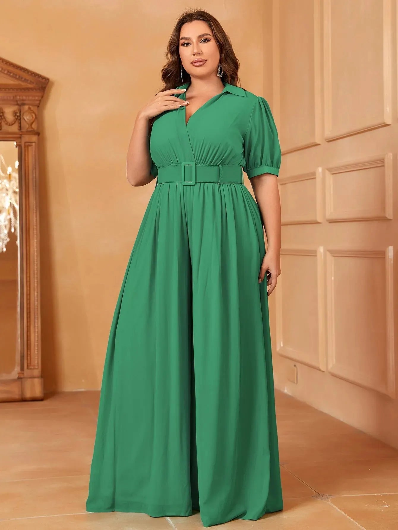 Plus Deep V Short Sleeve Wide Leg Jumpsuit