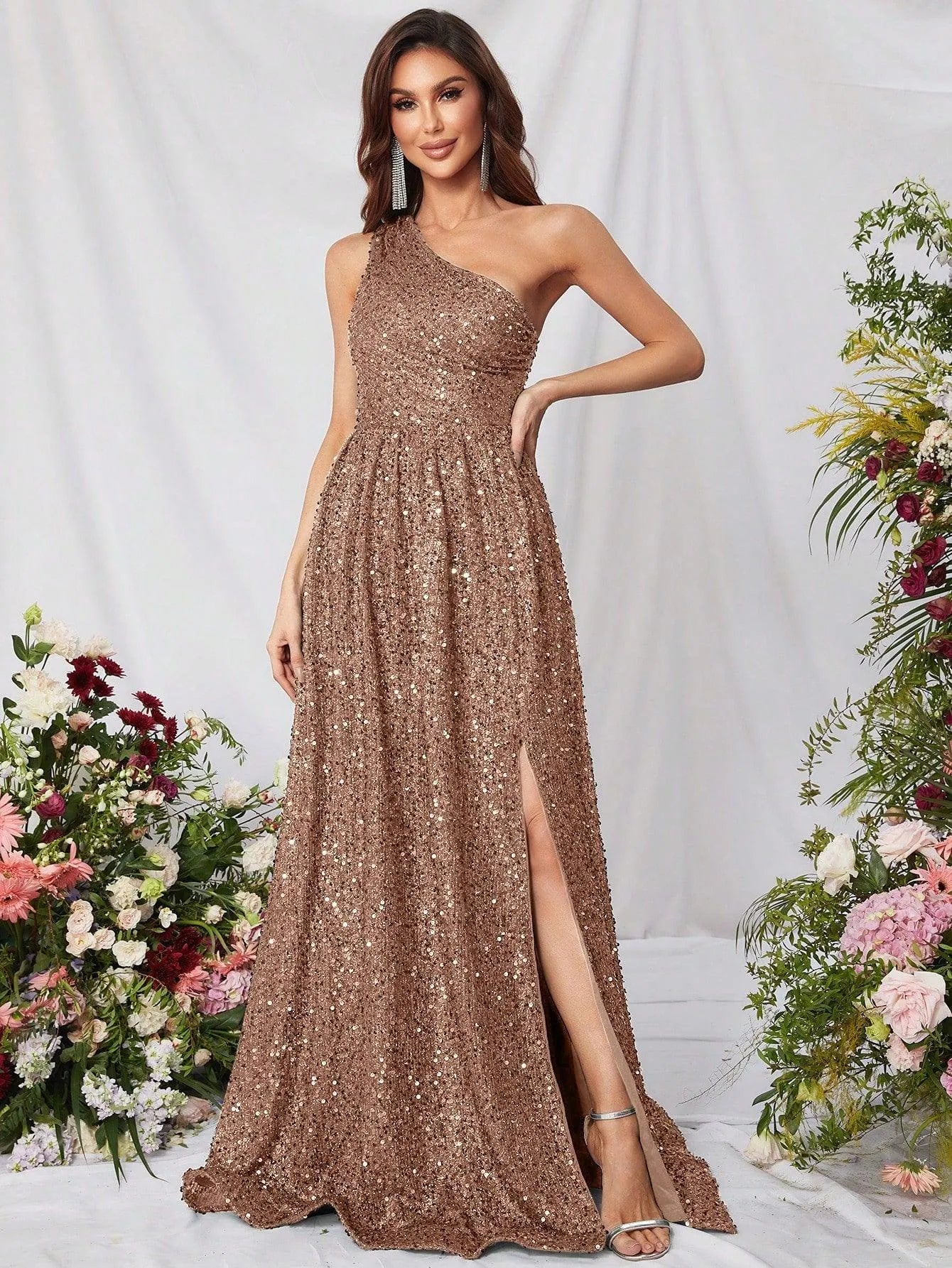 Elegant One Shoulder Sleeveless Sequin A Line Dresses - Elonnashop