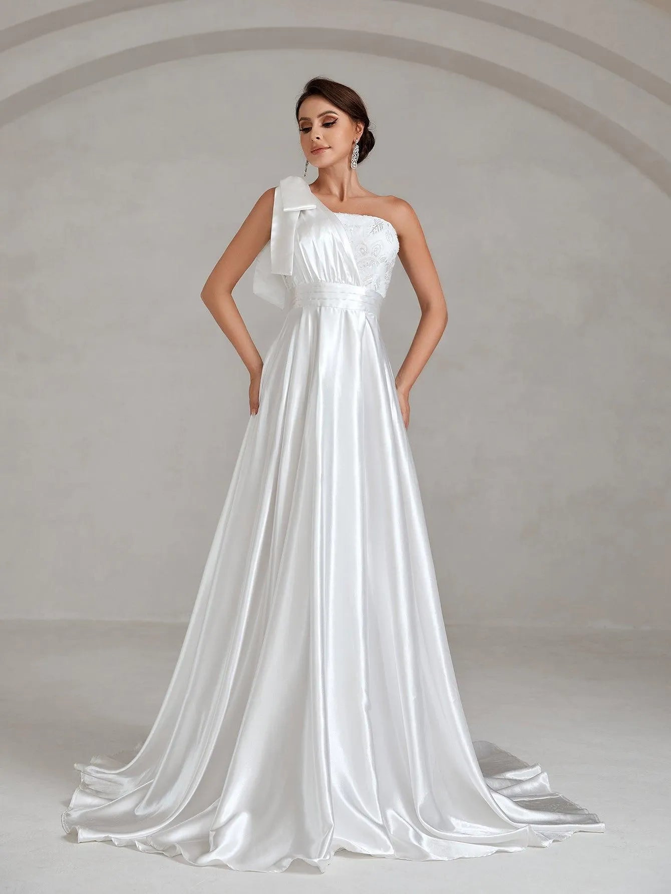 One Shoulde Floor Length Satin Wedding Dress - Elonnashop