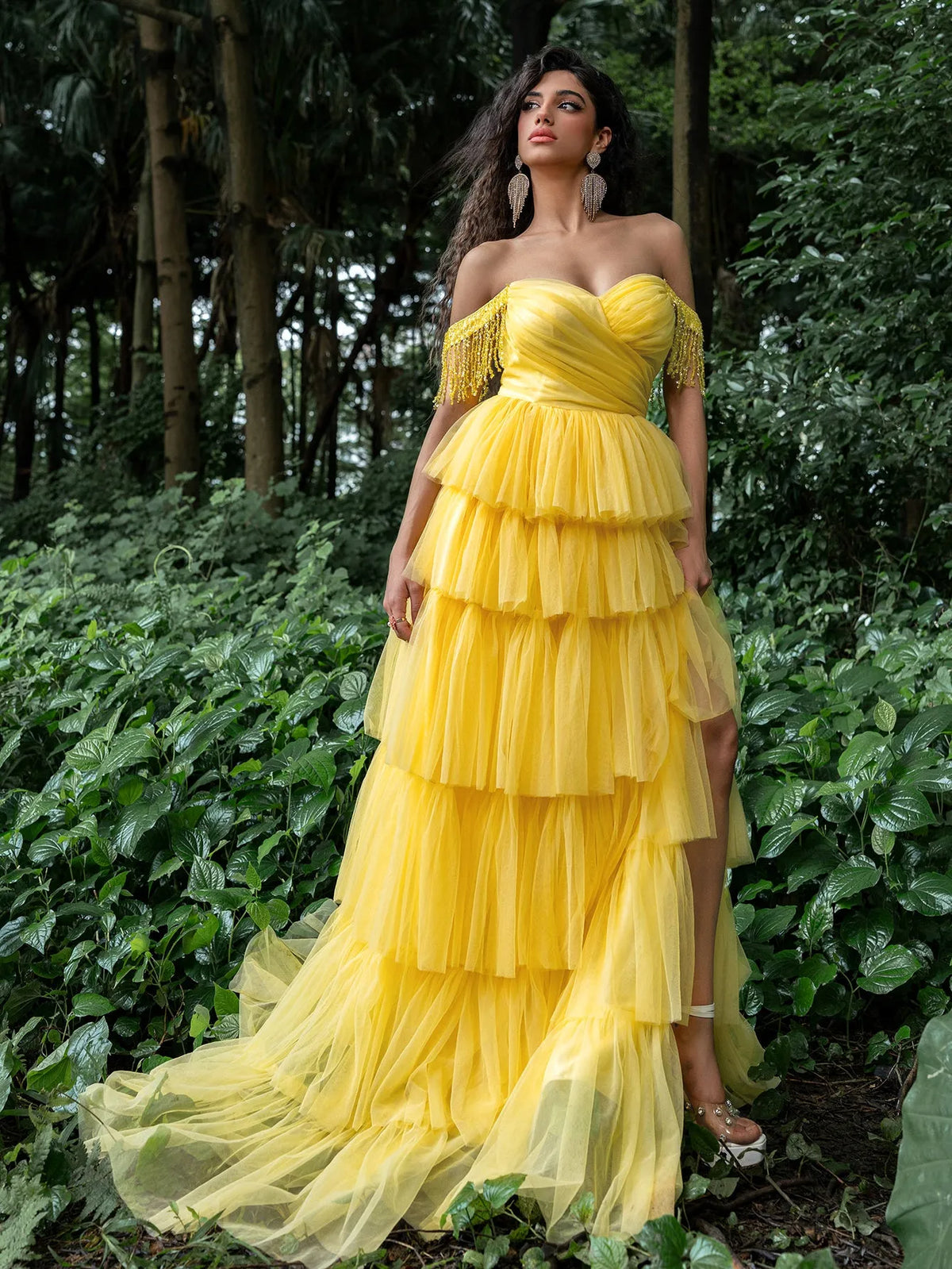 Gorgeous Fringed Detail Off Shoulder Layered Hem Tulle Prom Dress