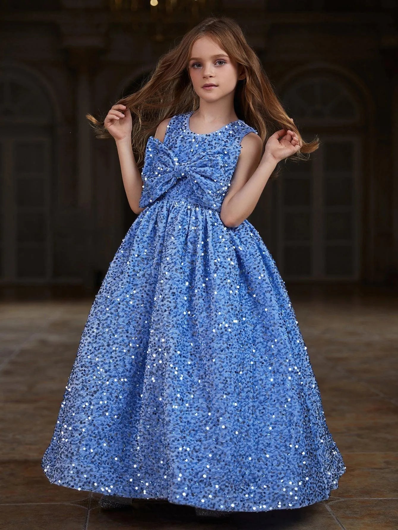 Tween Girls' Cute Sleeveless Bow Front Sequin Party Dress - Elonnashop