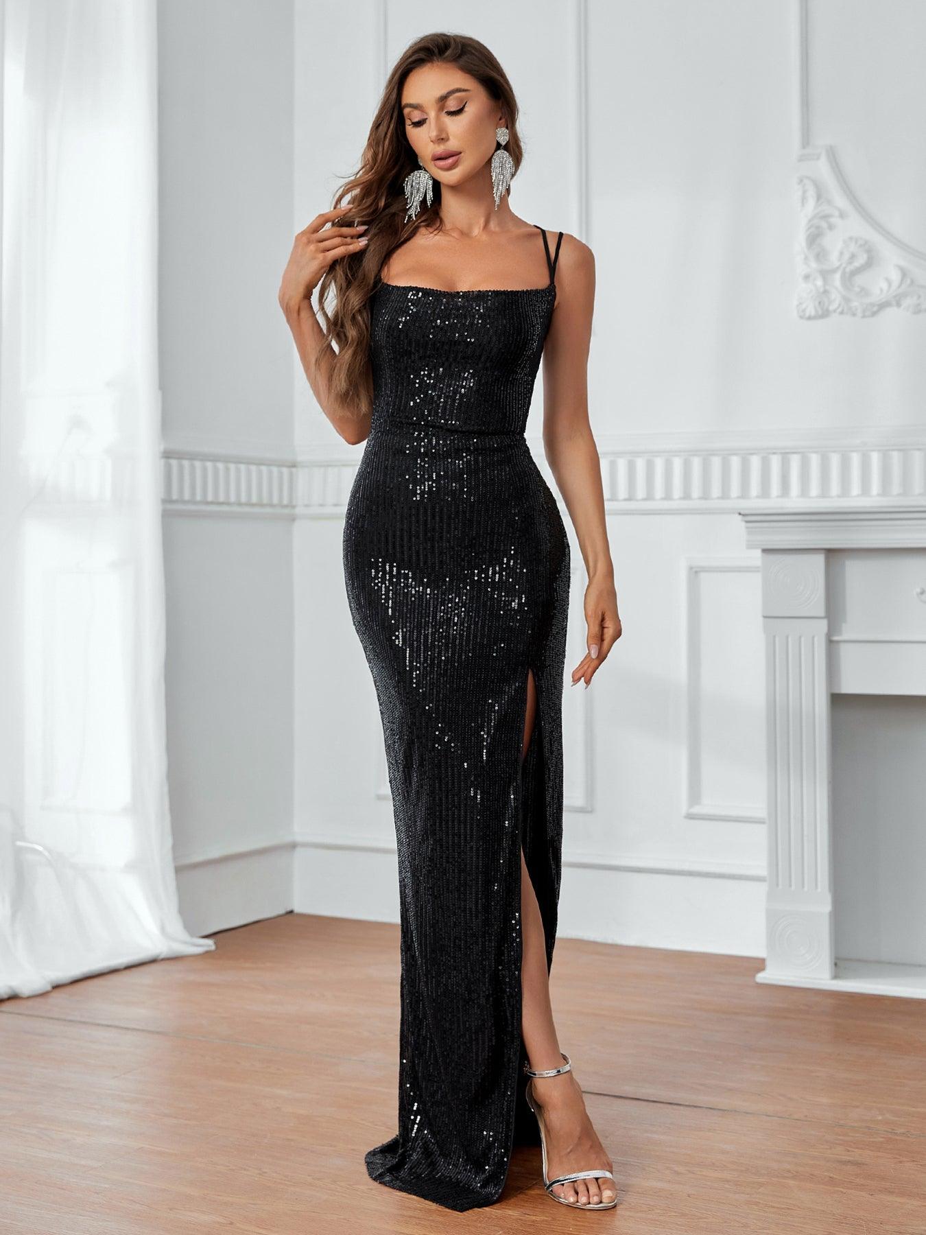 Elegant Backless Split Thigh Sequin Cami Party Dress - Elonnashop