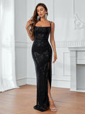 Elegant Backless Split Thigh Sequin Cami Party Dress - Elonnashop