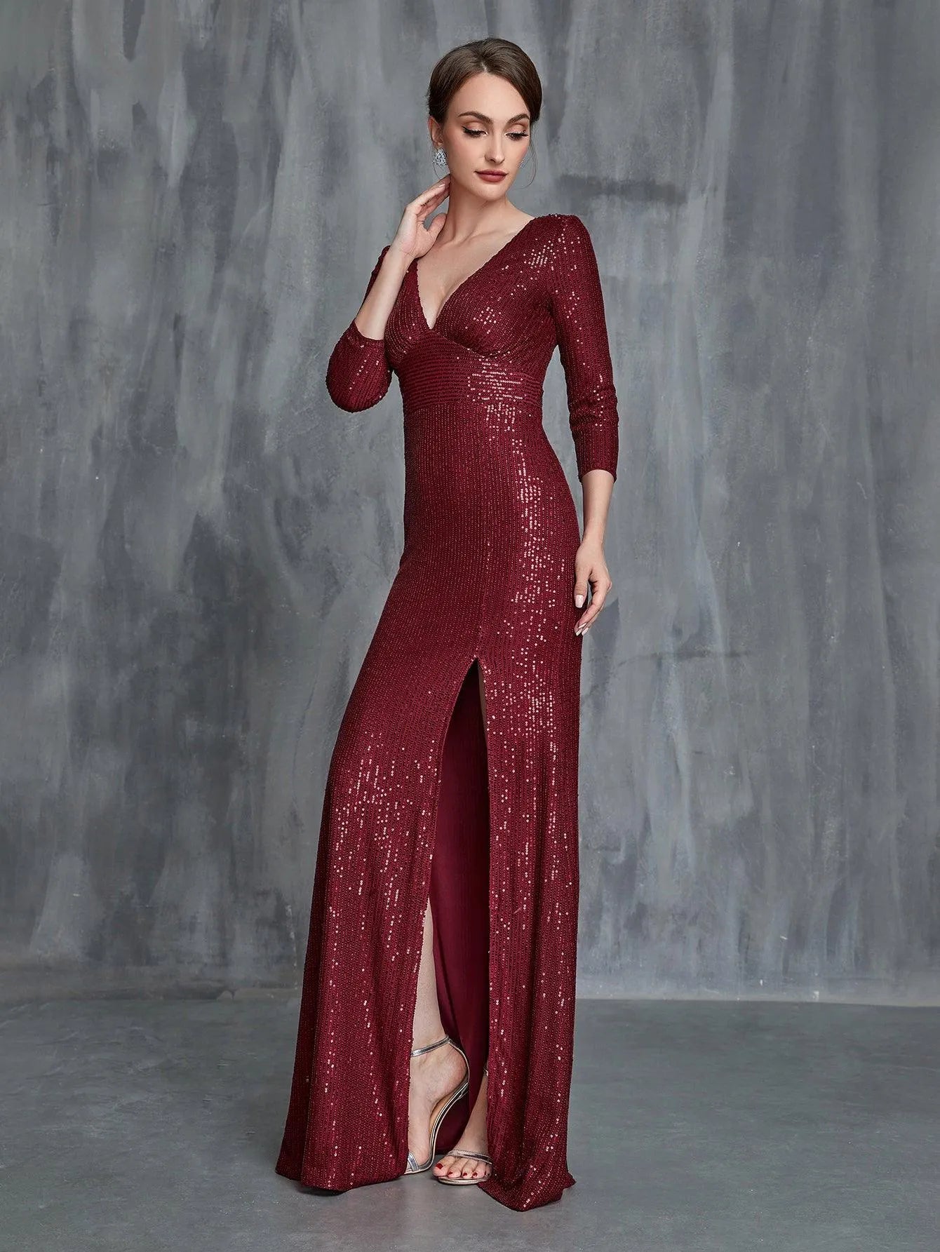 Womens' Plunging Neck Split Sequin Formal Dress - Elonnashop