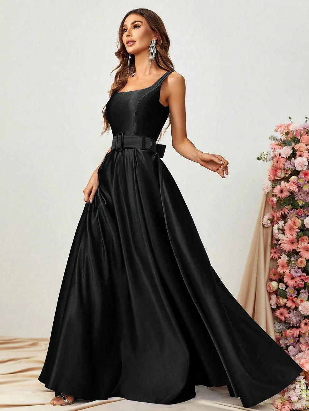 Square Collar Sleeveless Belt Satin Prom Dress - Elonnashop