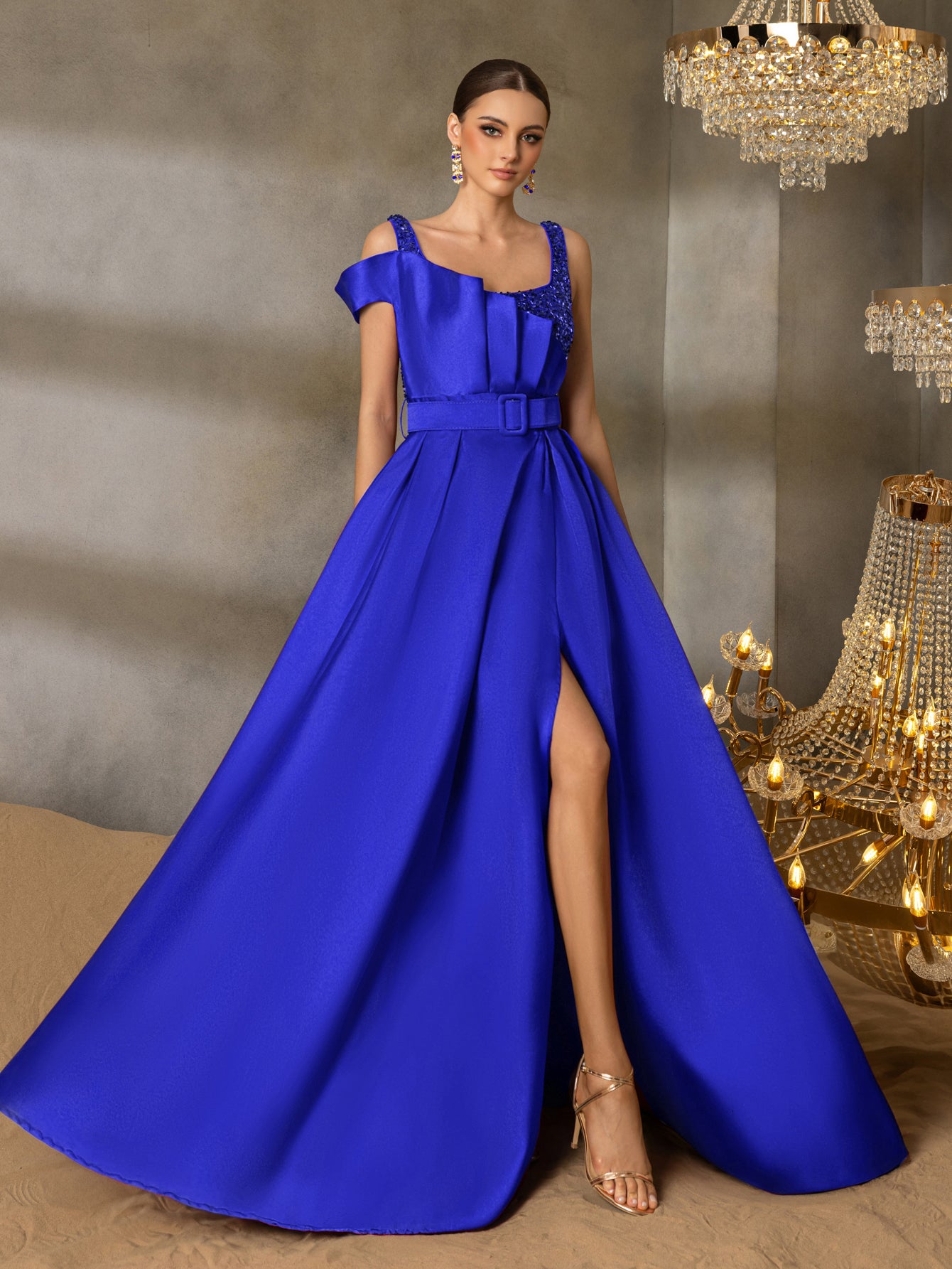 Elegant Square Collar Buckle Belted Split Satin Prom Dress