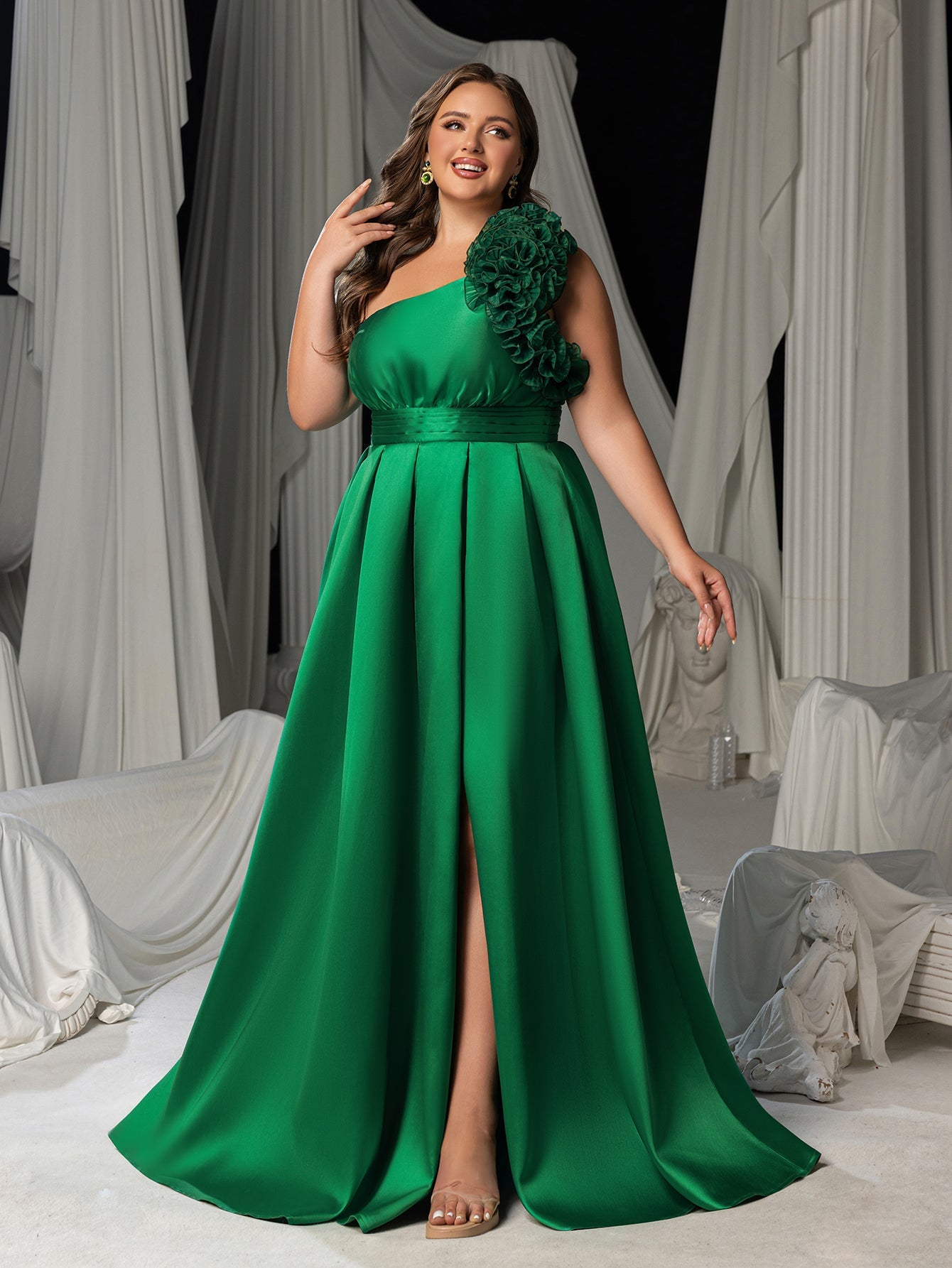 Plus Women's One Shoulder Formal Dress | Statement Ruffle Trim Accent | Corset Back & High Split