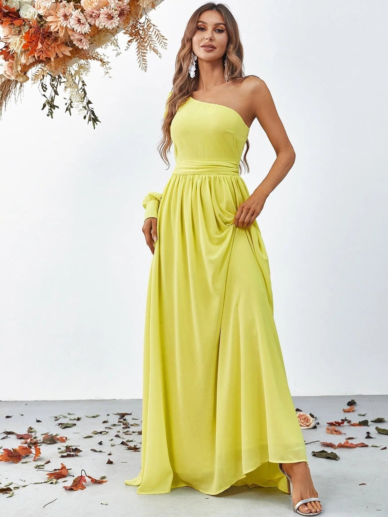 One Shoulder Lantern Sleeve Chiffon Dress - Elonnashop