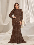 Plus Elegant Maxi Sequin Evening Gown with Mock Neck, Long Sleeves, and Mermaid Fishtail Skirt