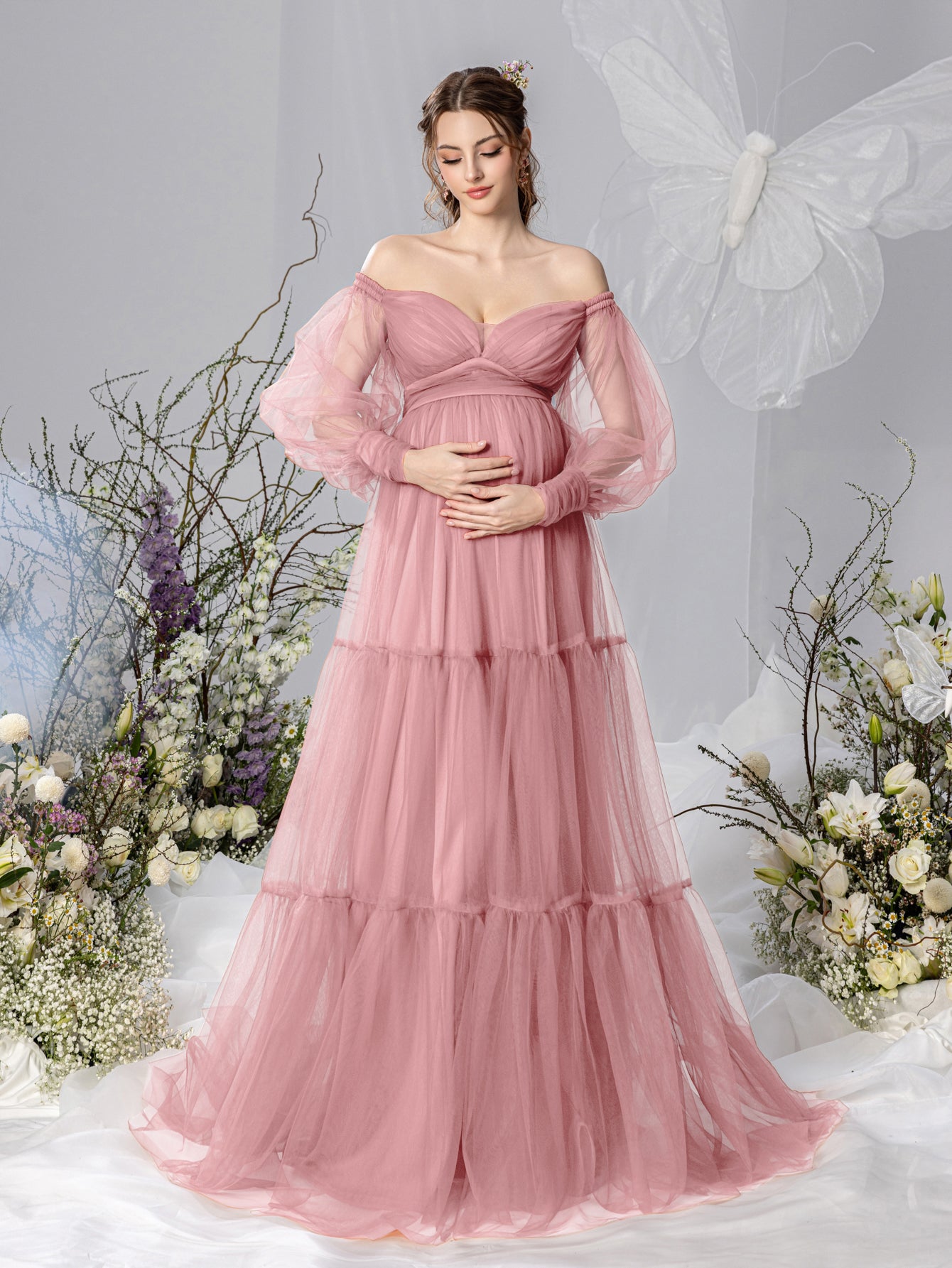 Maternity Off Shoulder Bishop Sleeves Layered Tulle Photography Dress