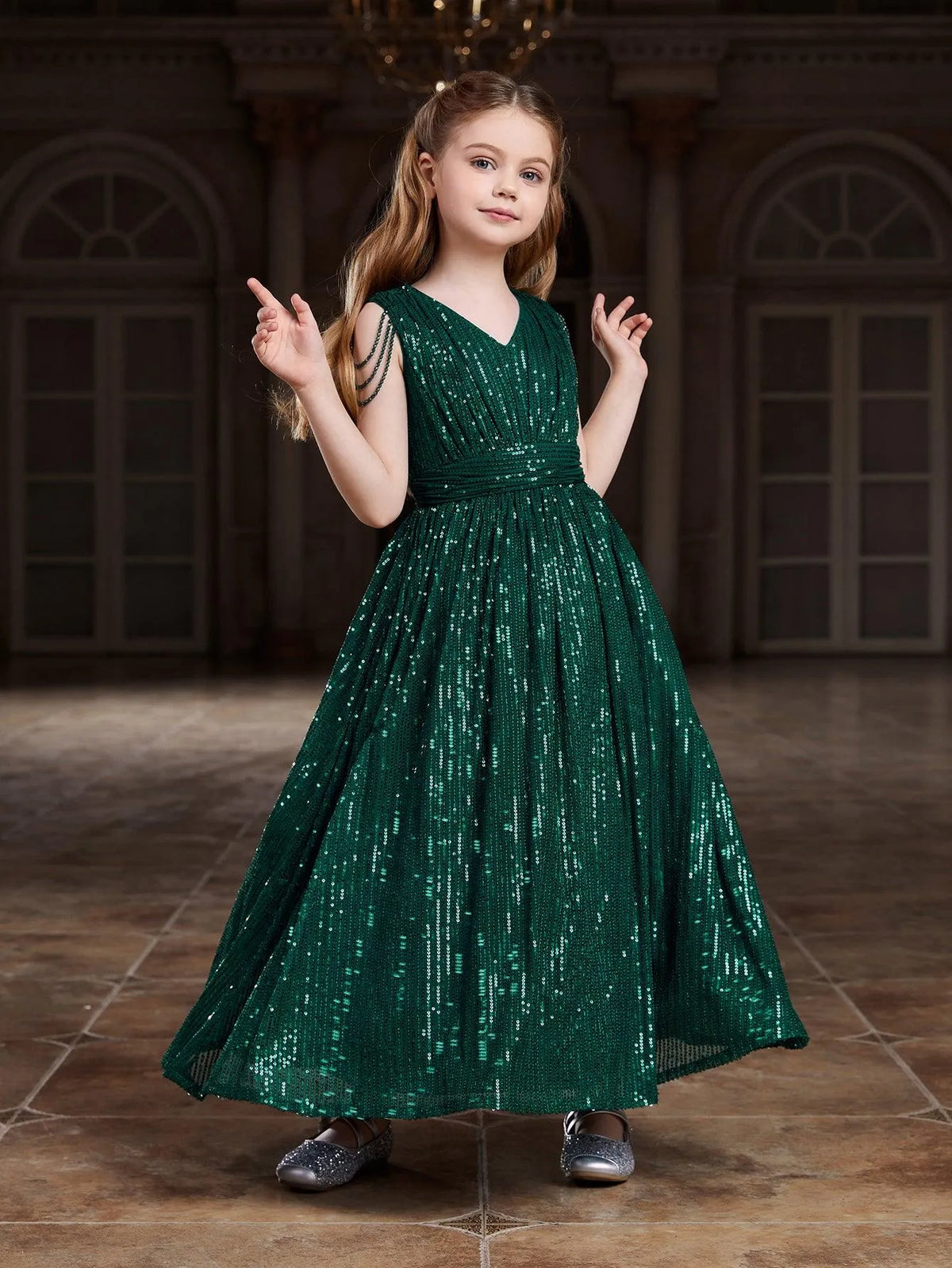 Tween Girls' V Neck Chain Detail Sequin Party Dress - Elonnashop