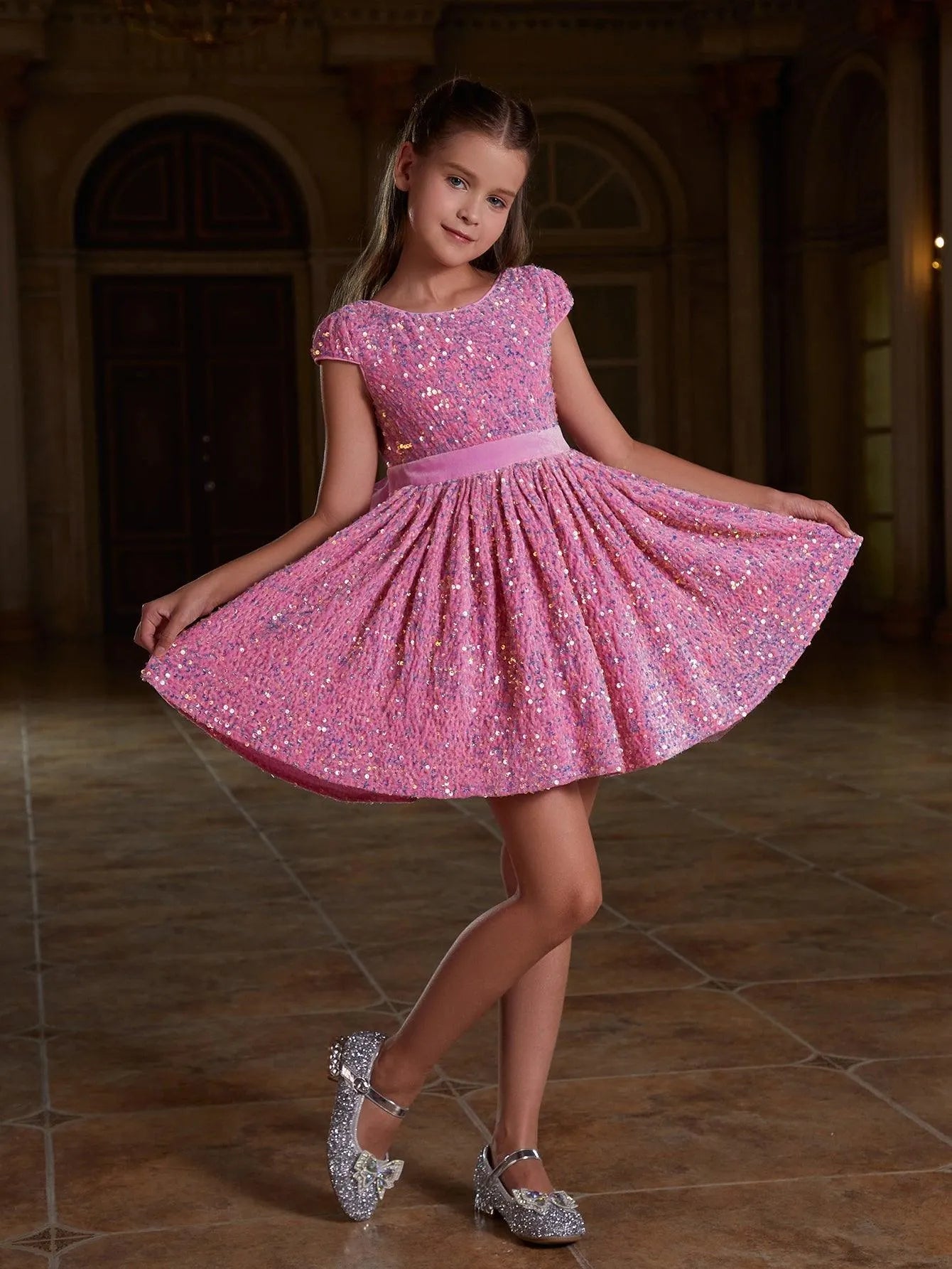 Tween Girls' Bow Back Sequin A Line Dress - Elonnashop