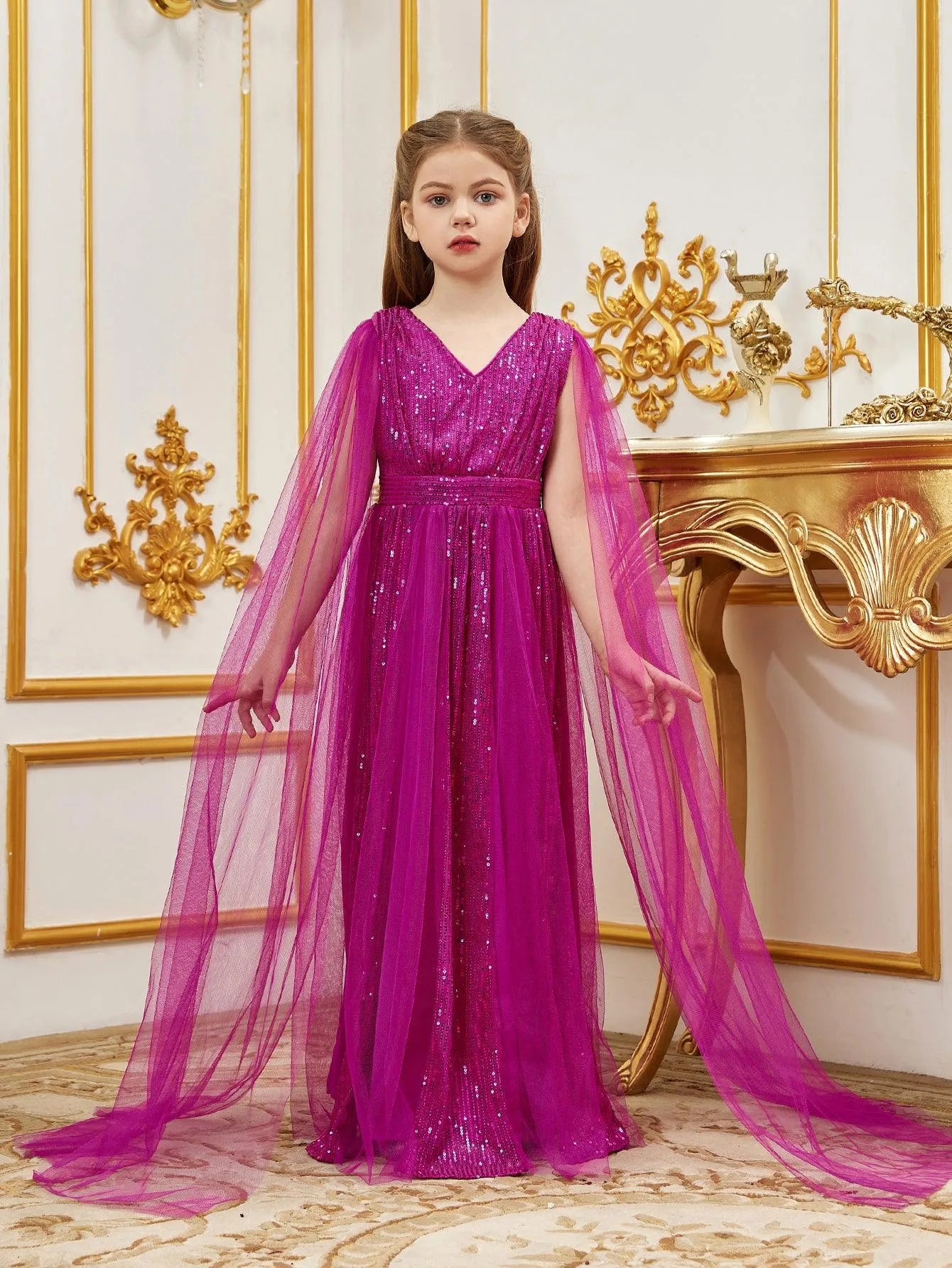 Tween Girls' Contrast Mesh Cape Sleeves Sequin Party Dress - Elonnashop