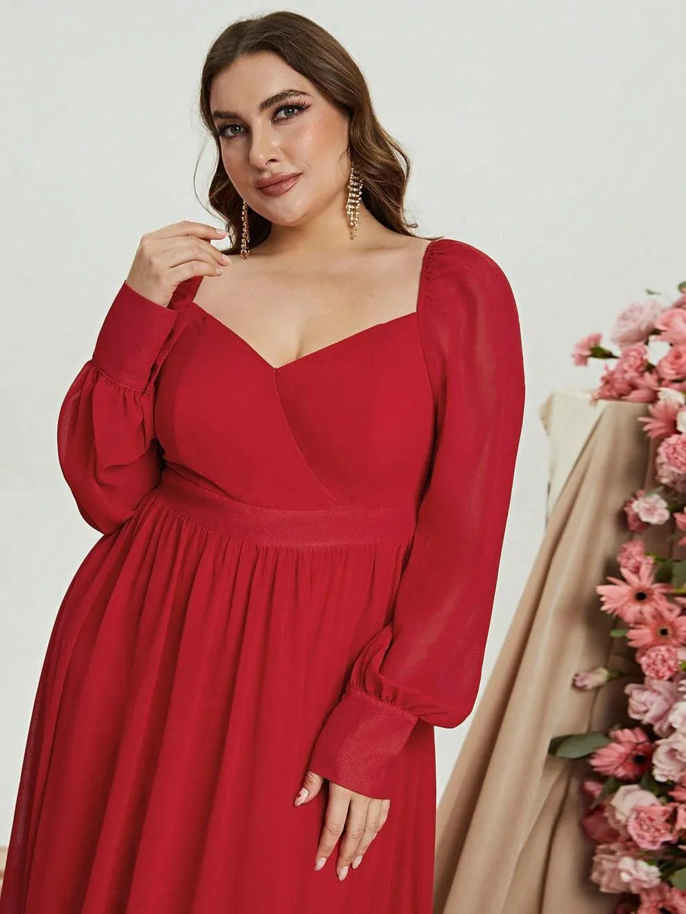 Plus Sweetheart Neck Backless Long Sleeve Chiffon A Line Dress Blue / 5XL Plus Sweetheart Neck Backless Long Sleeve Chiffon A Line Dress Blue / 5XL