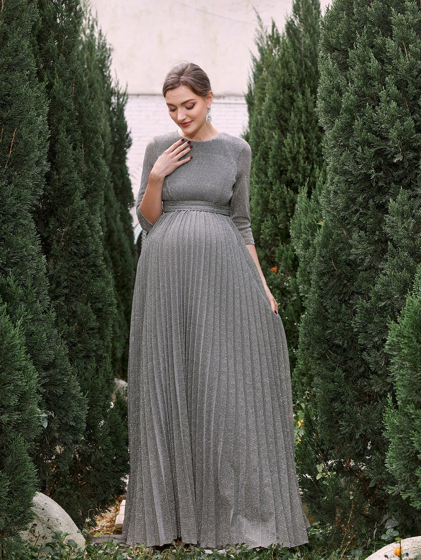 Maternity Glitter 3/4 Sleeves Pleated A Line Dress - Elonnashop