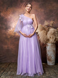 Maternity Applique Details One Shoulder Tulle Evening Dress